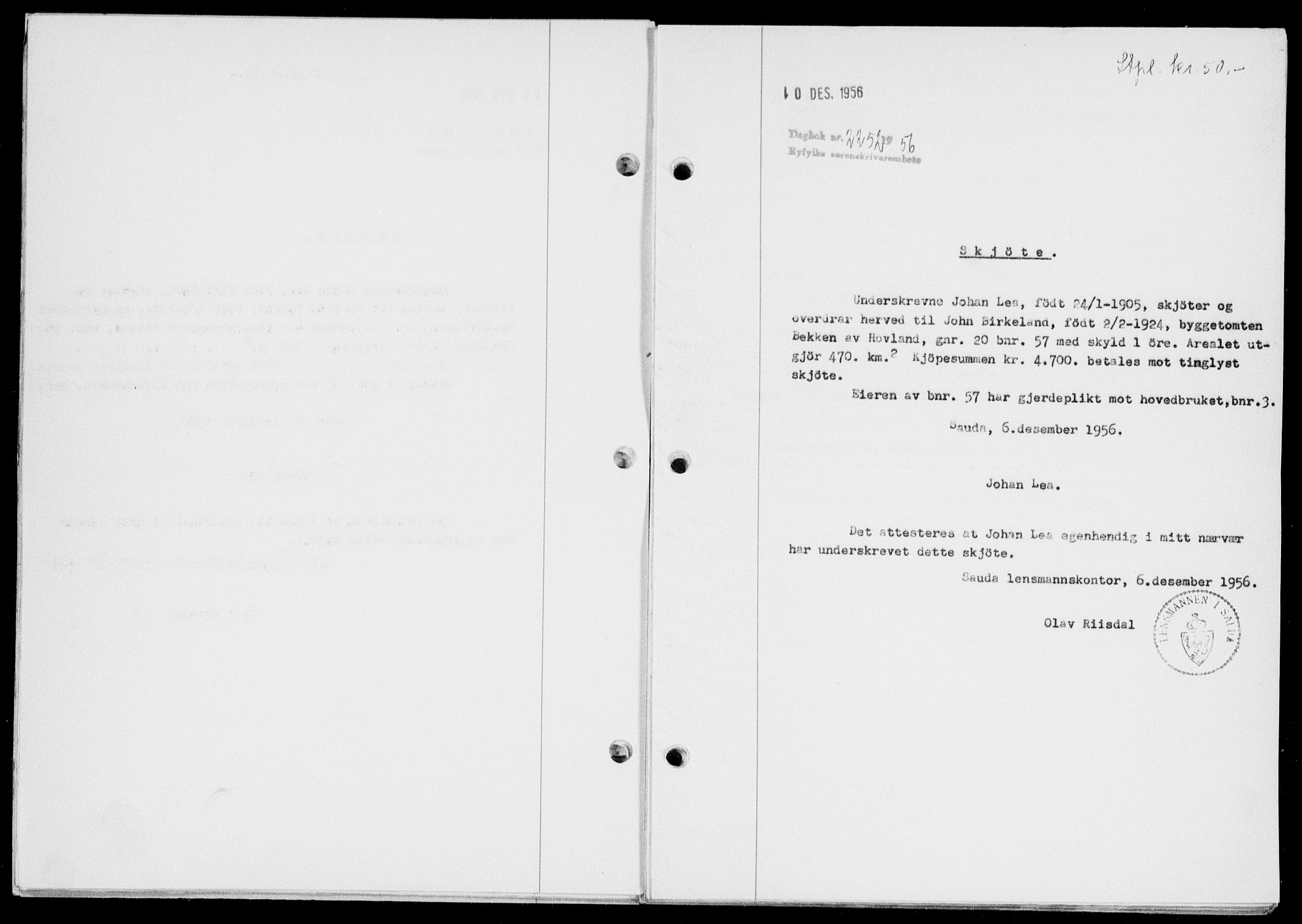 Ryfylke tingrett, SAST/A-100055/001/II/IIB/L0135: Mortgage book no. 114, 1956-1957, Diary no: : 2252/1956