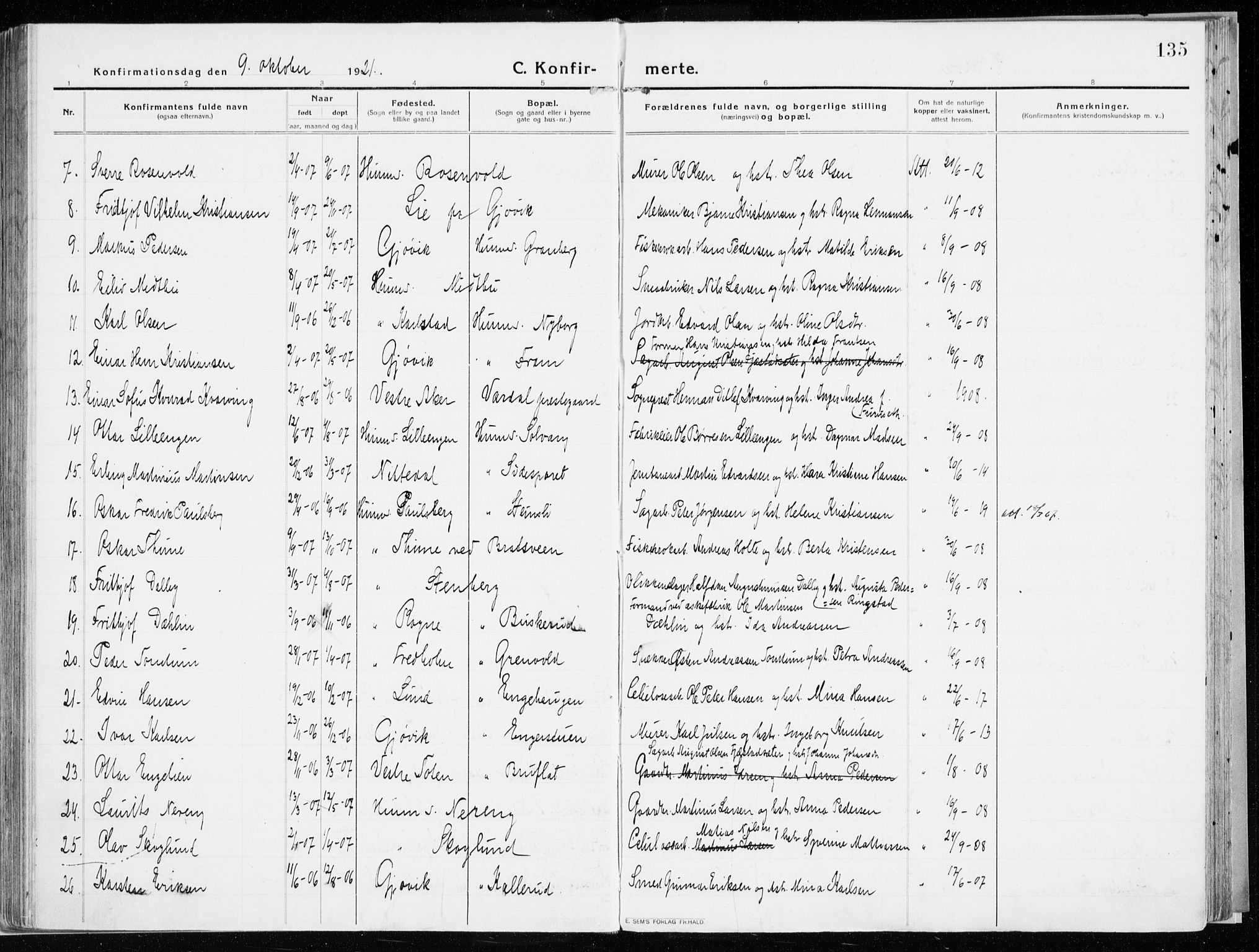 Vardal prestekontor, SAH/PREST-100/H/Ha/Haa/L0017: Parish register (official) no. 17, 1915-1929, p. 135