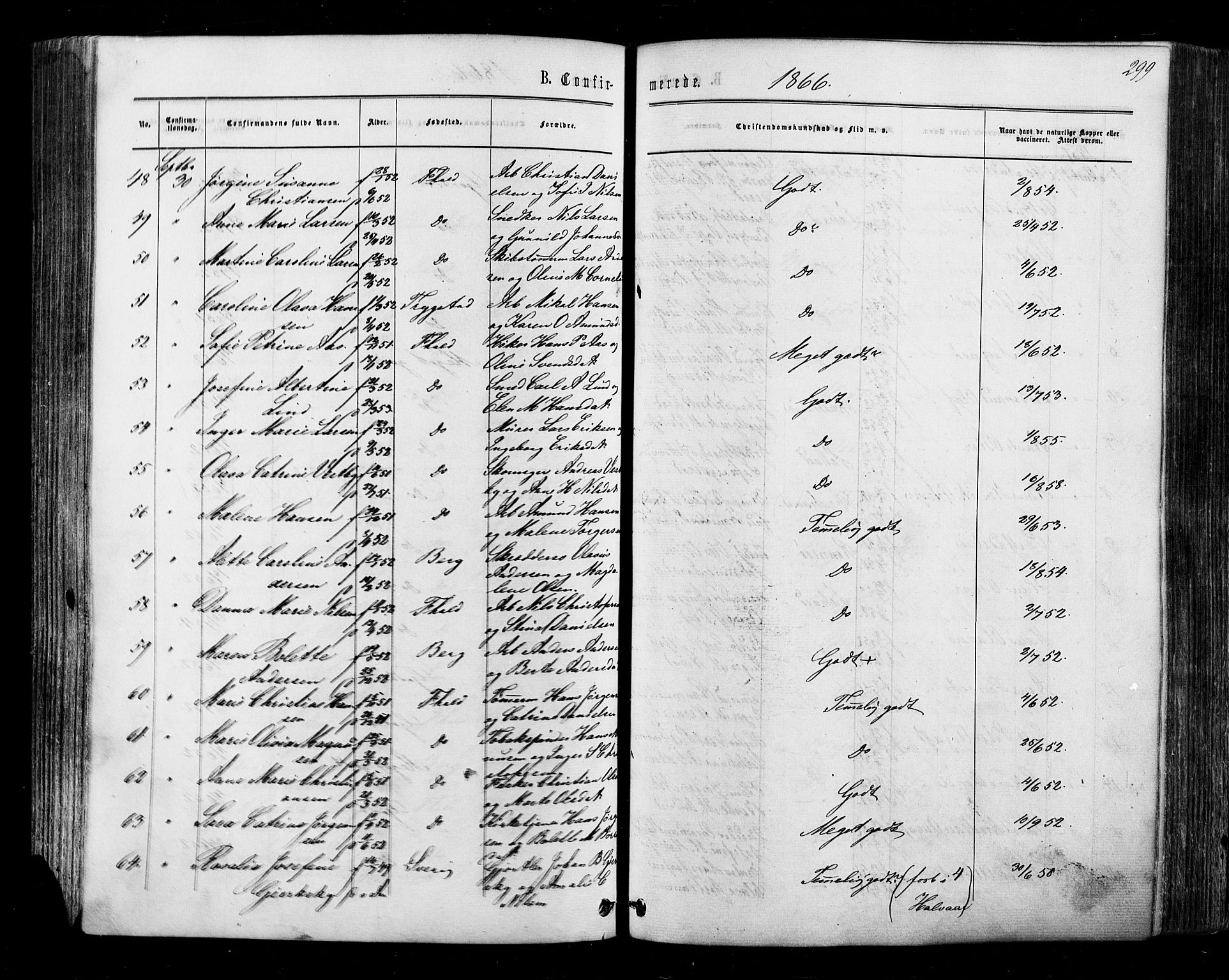 Halden prestekontor Kirkebøker, AV/SAO-A-10909/F/Fa/L0009: Parish register (official) no. I 9, 1866-1877, p. 299