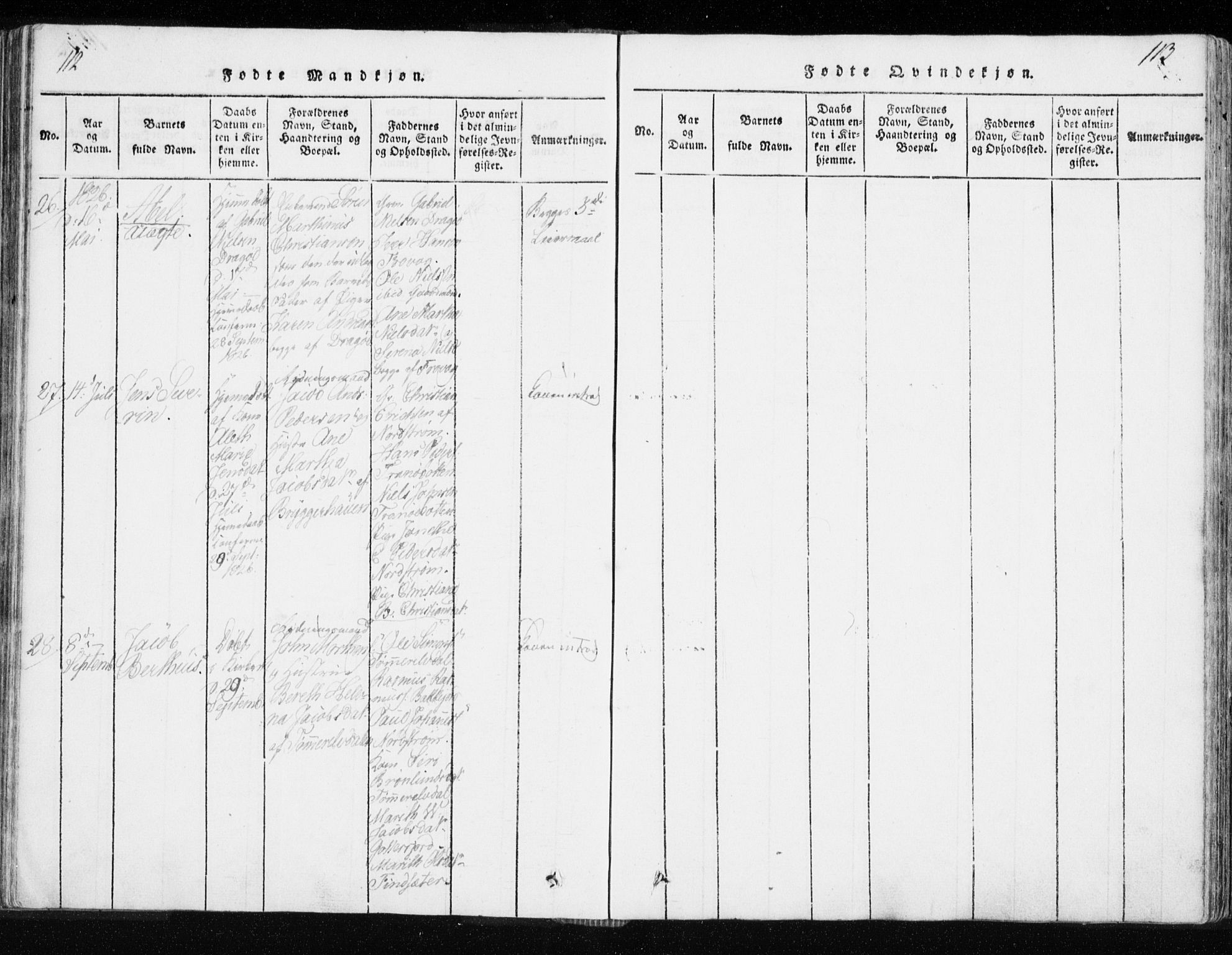Tranøy sokneprestkontor, SATØ/S-1313/I/Ia/Iaa/L0004kirke: Parish register (official) no. 4, 1820-1829, p. 112-113