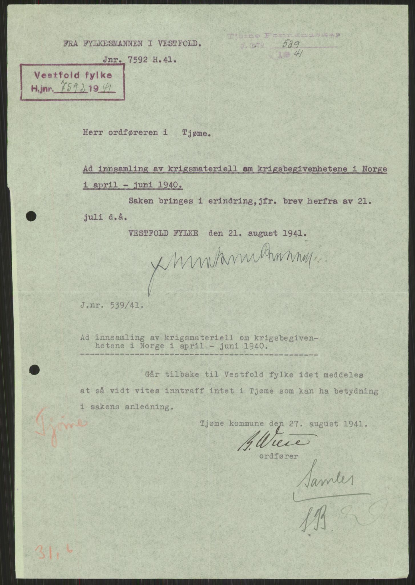 Forsvaret, Forsvarets krigshistoriske avdeling, AV/RA-RAFA-2017/Y/Ya/L0014: II-C-11-31 - Fylkesmenn.  Rapporter om krigsbegivenhetene 1940., 1940, p. 586