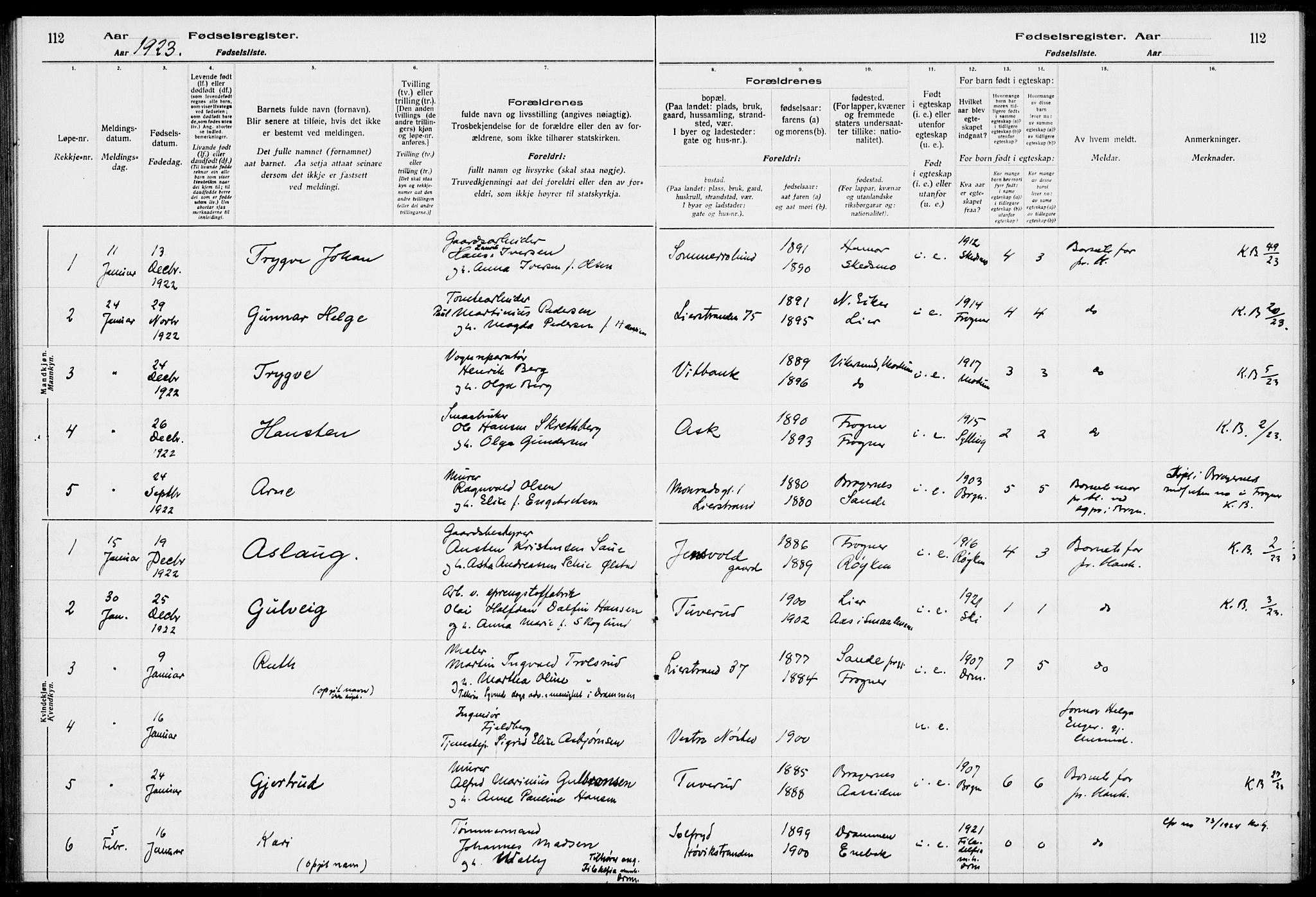 Lier kirkebøker, AV/SAKO-A-230/J/Ja/L0001: Birth register no. 1, 1916-1928, p. 112