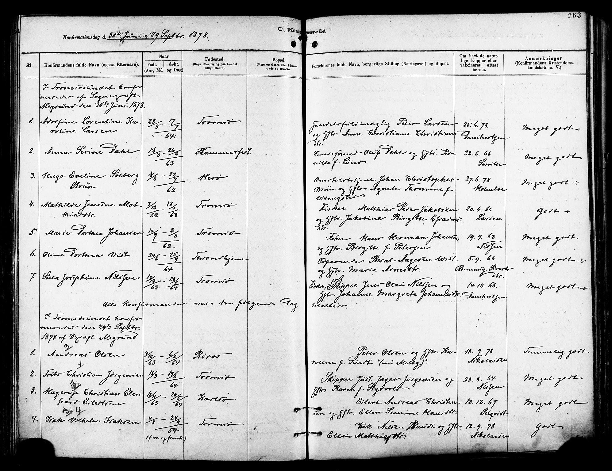 Tromsø sokneprestkontor/stiftsprosti/domprosti, AV/SATØ-S-1343/G/Ga/L0014kirke: Parish register (official) no. 14, 1878-1888, p. 263