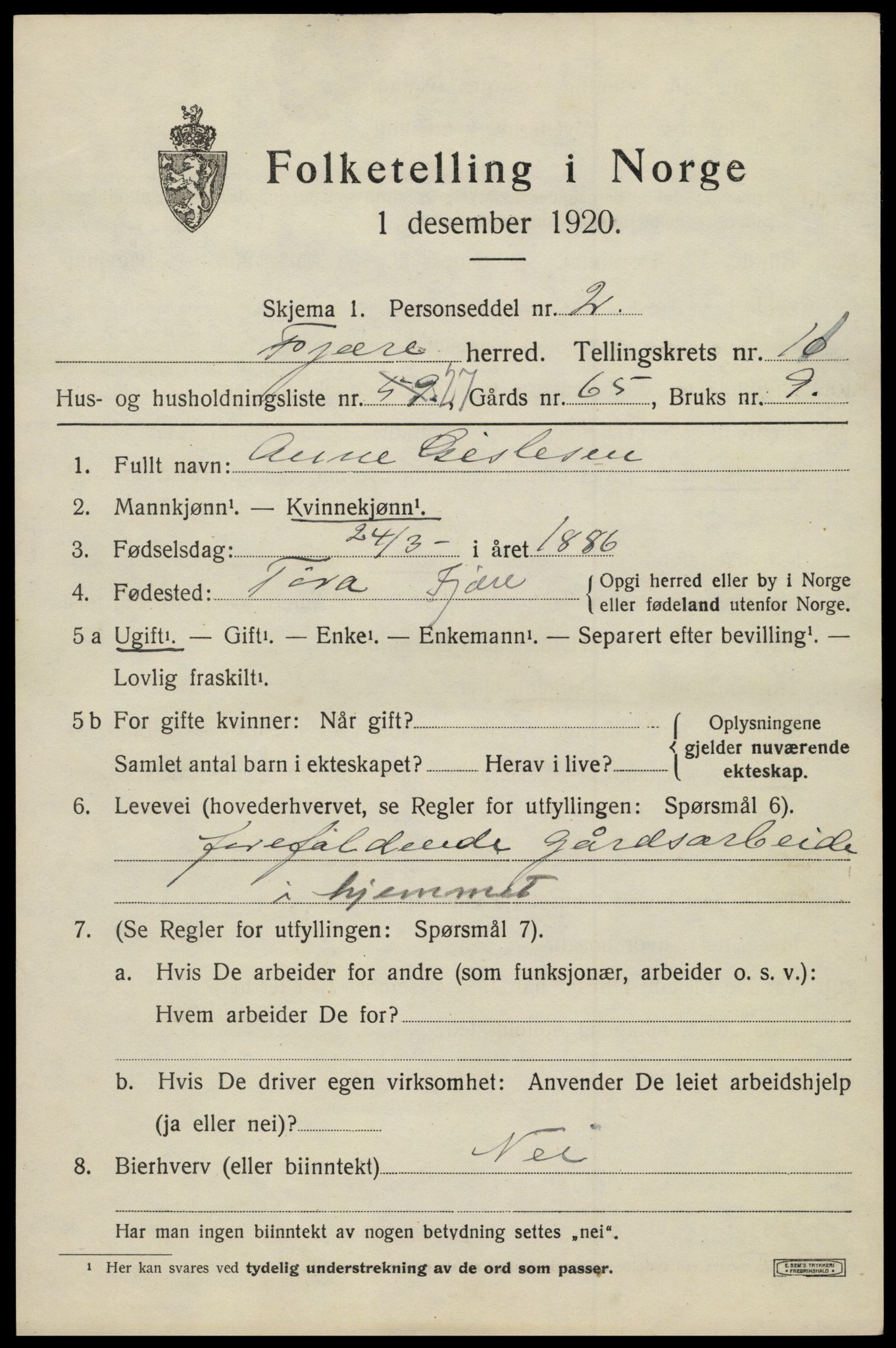 SAK, 1920 census for Fjære, 1920, p. 12013