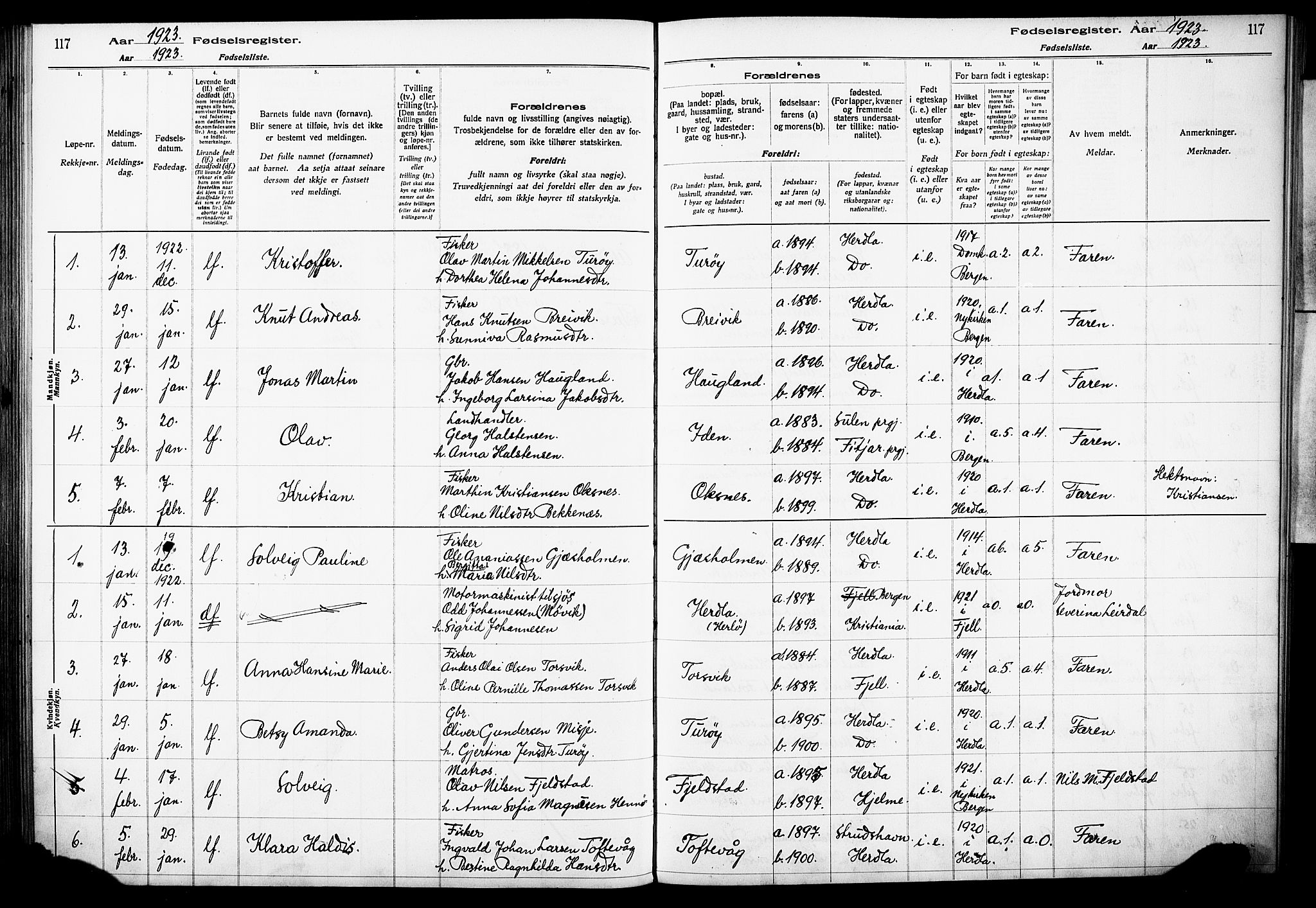 Herdla Sokneprestembete, AV/SAB-A-75701/I/Id/L00A1: Birth register no. A 1, 1916-1929, p. 117