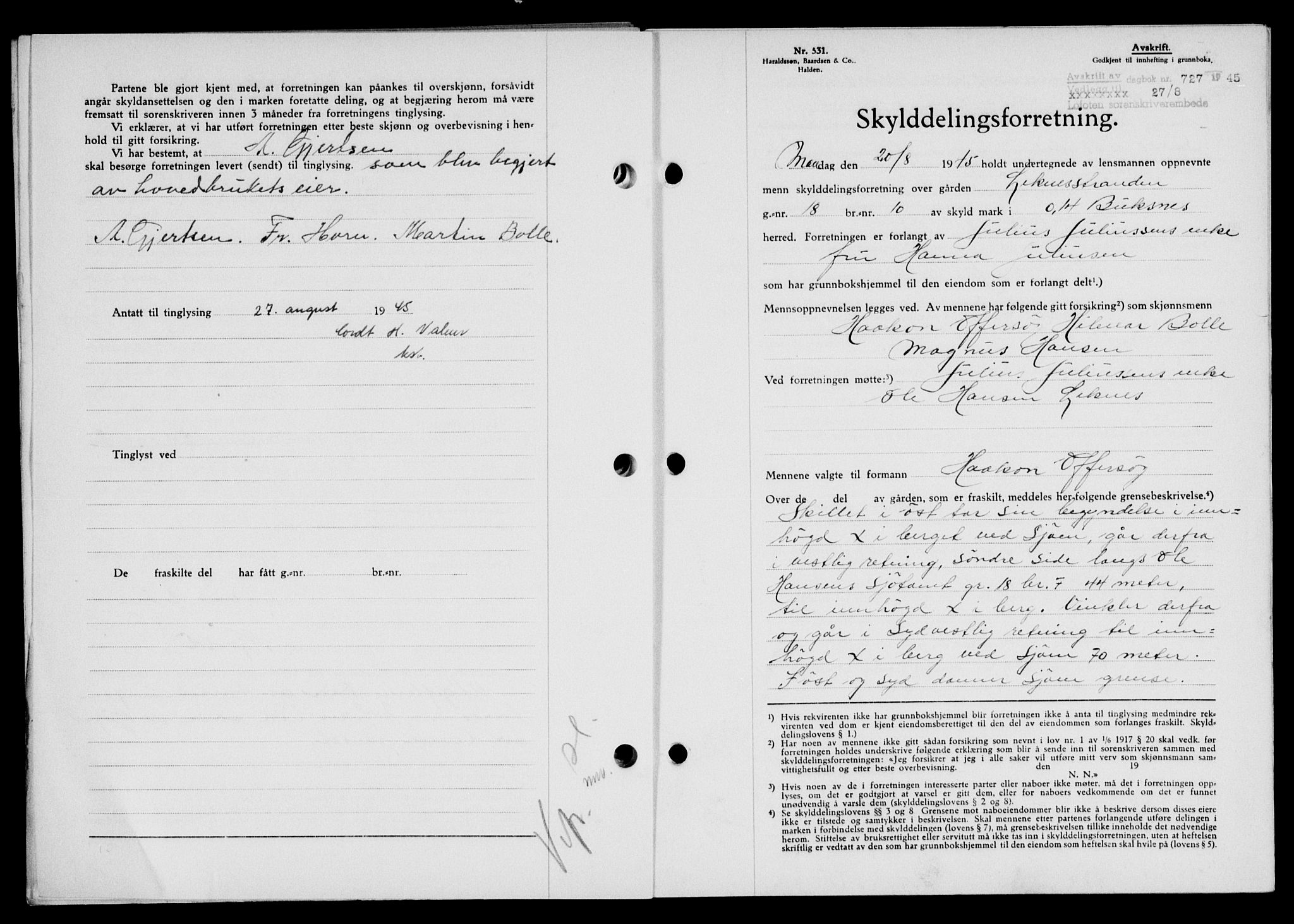Lofoten sorenskriveri, SAT/A-0017/1/2/2C/L0013a: Mortgage book no. 13a, 1944-1946, Diary no: : 727/1945