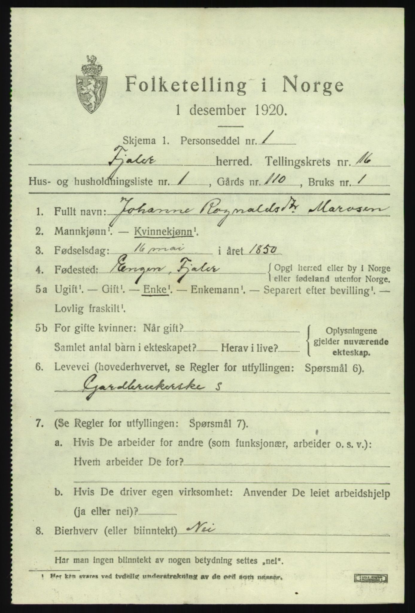 SAB, 1920 census for Fjaler, 1920, p. 8387