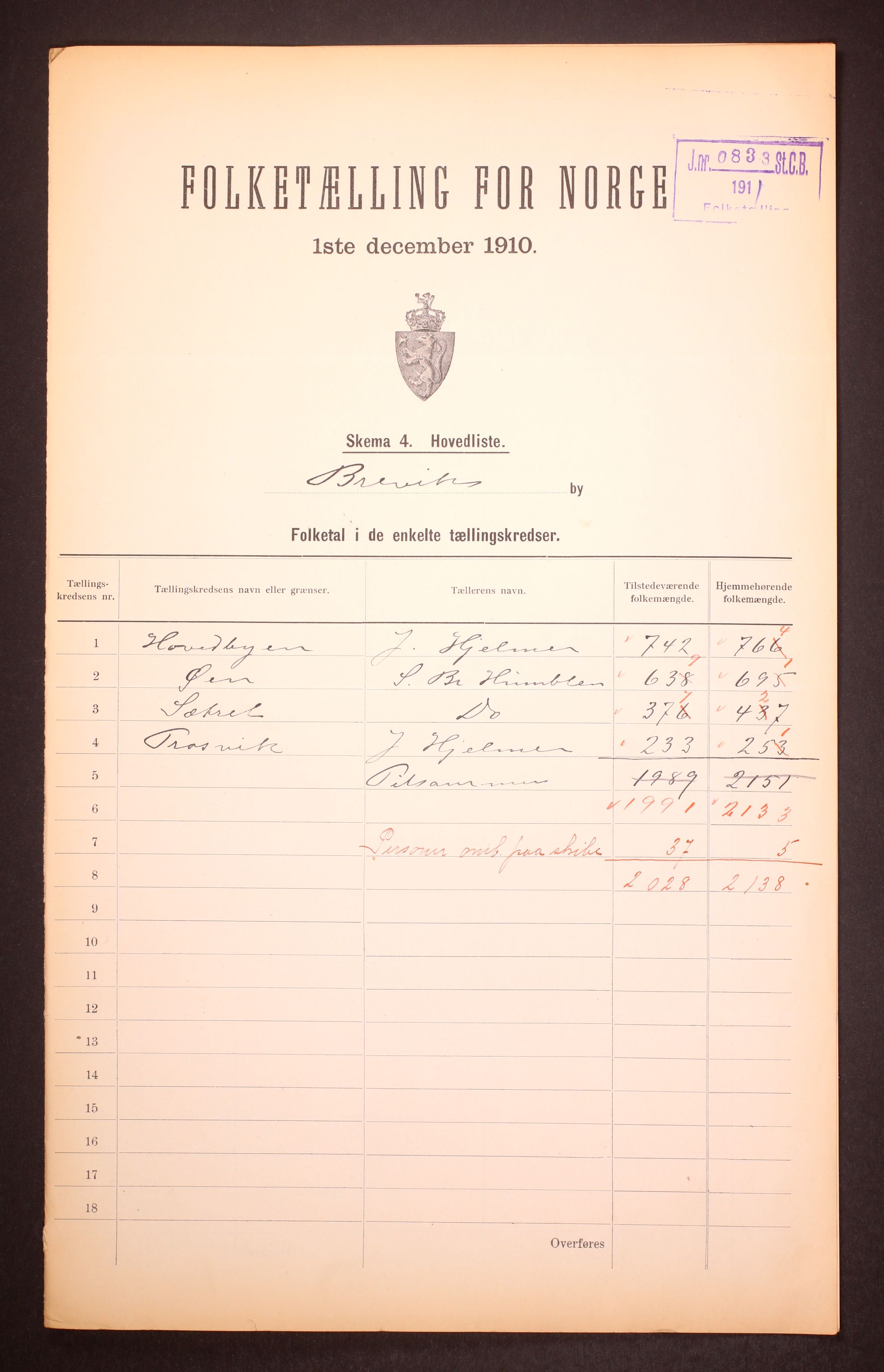 RA, 1910 census for Brevik, 1910, p. 2