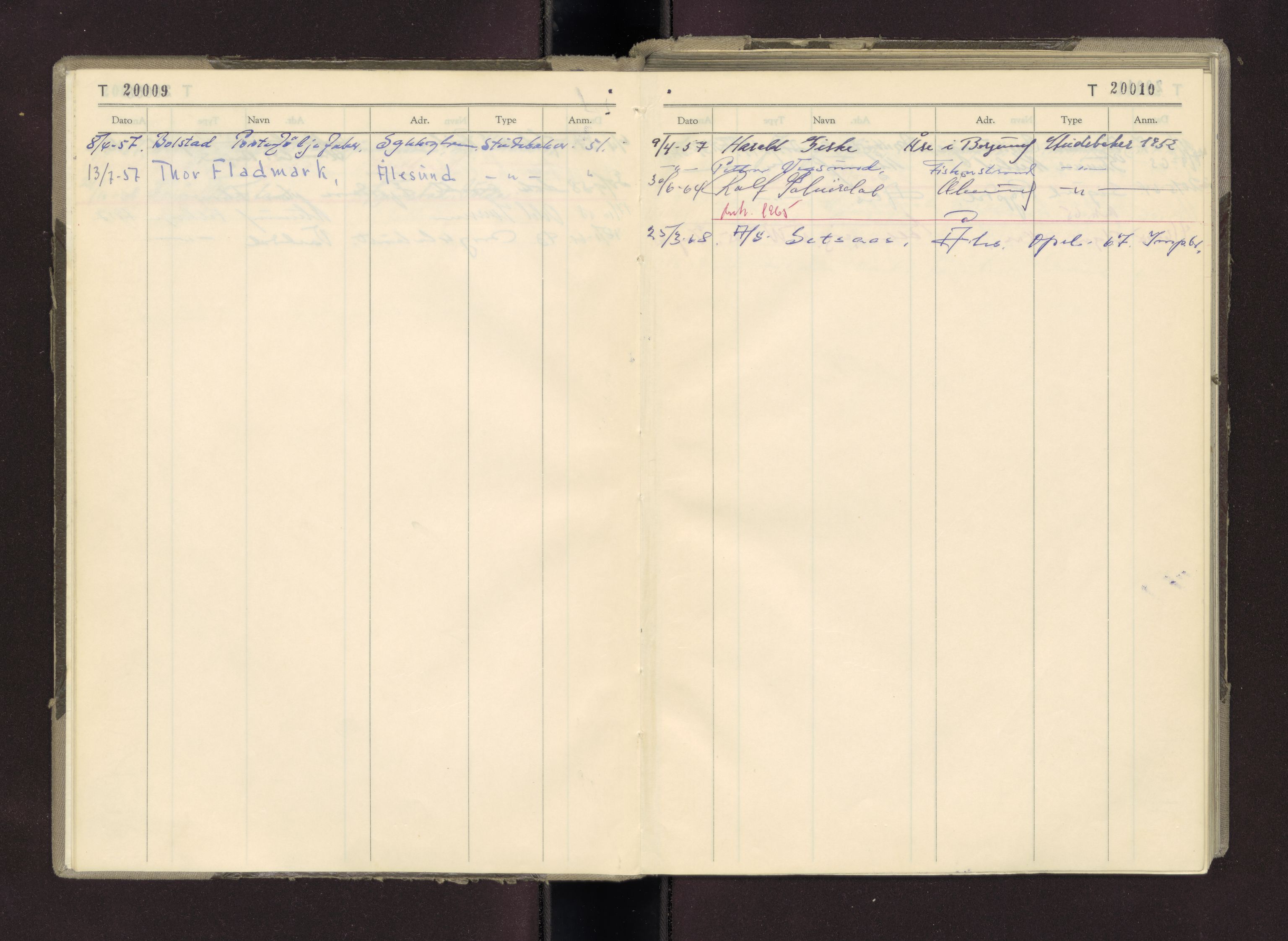 Møre og Romsdal vegkontor - Ålesund trafikkstasjon, AV/SAT-A-4099/F/Fc/L0014: Bilregister; T 20000 - T 20500, 1955-1970