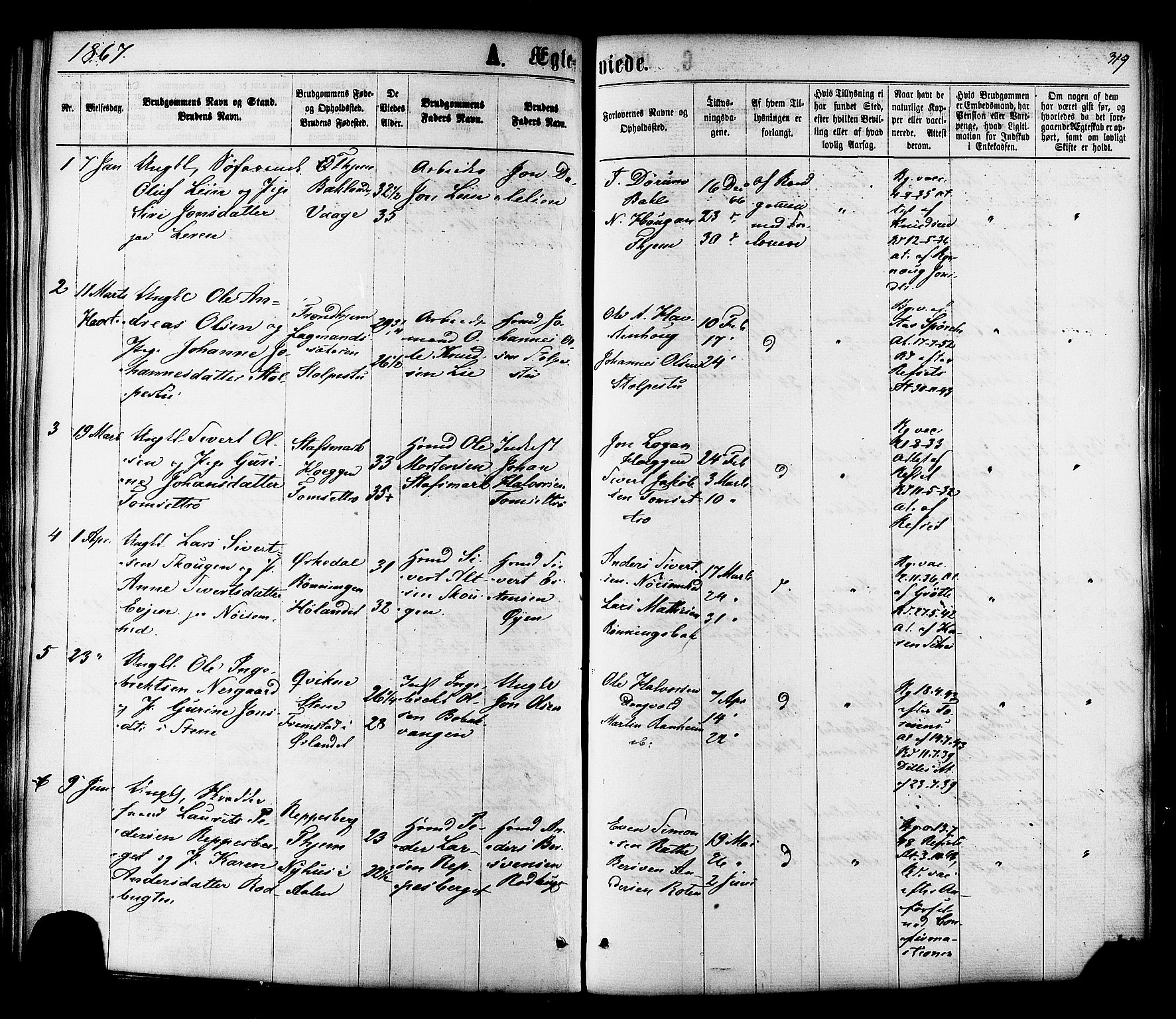Ministerialprotokoller, klokkerbøker og fødselsregistre - Sør-Trøndelag, SAT/A-1456/606/L0293: Parish register (official) no. 606A08, 1866-1877, p. 319