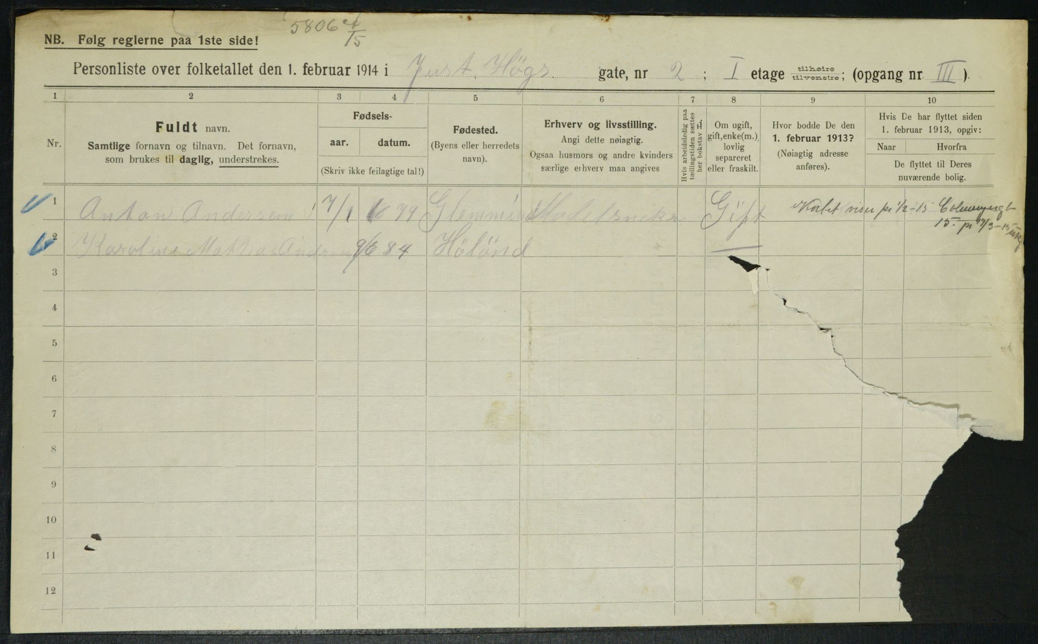 OBA, Municipal Census 1914 for Kristiania, 1914, p. 47654