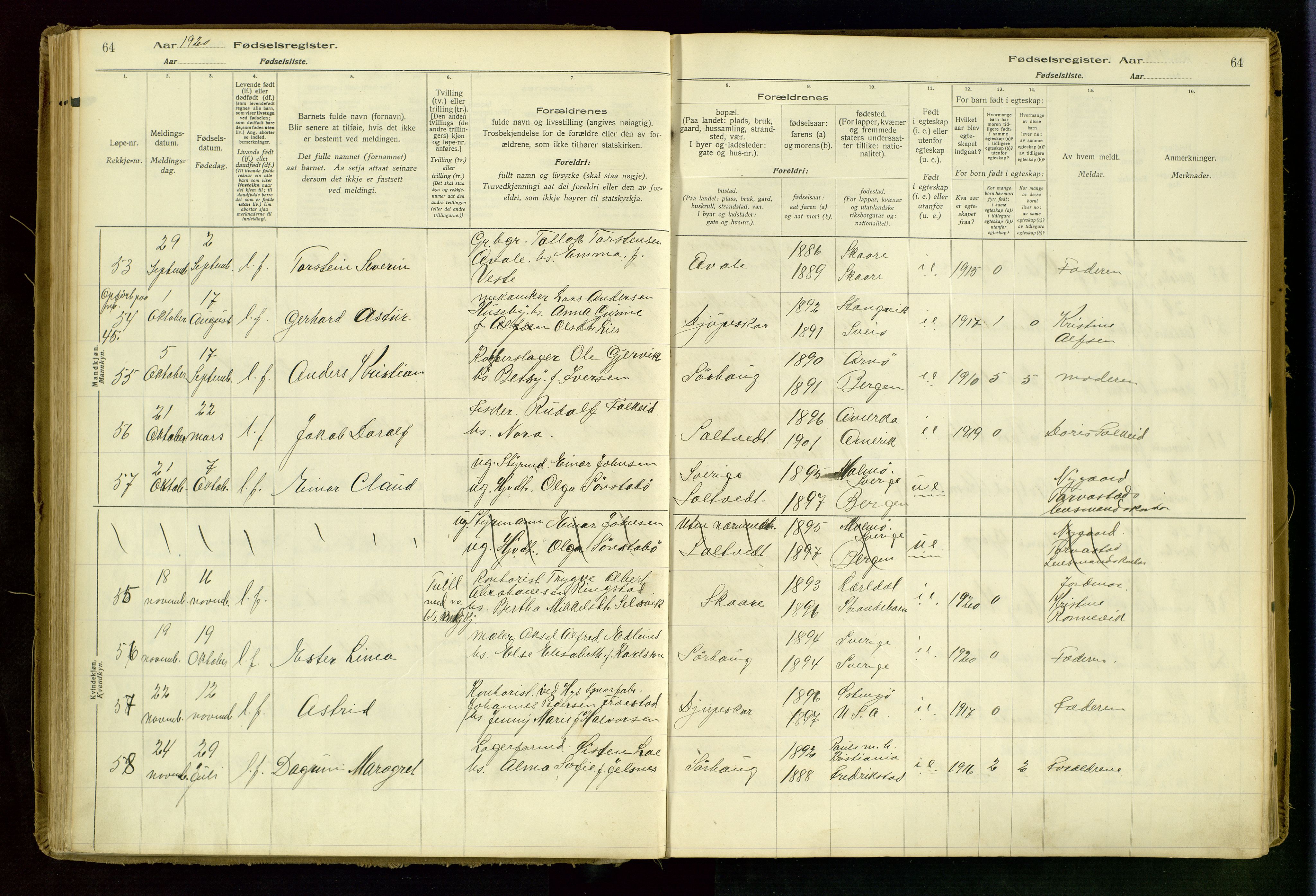 Haugesund sokneprestkontor, AV/SAST-A -101863/I/Id/L0001: Birth register no. 1, 1916-1935, p. 64