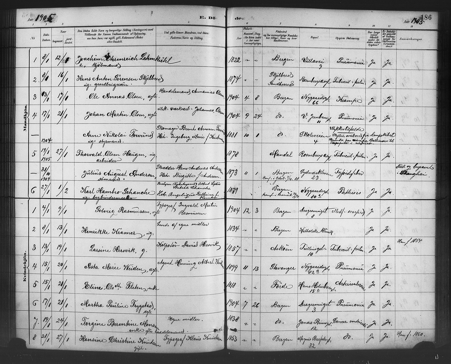 Johanneskirken sokneprestembete, SAB/A-76001/H/Hab: Parish register (copy) no. D 1, 1885-1915, p. 186