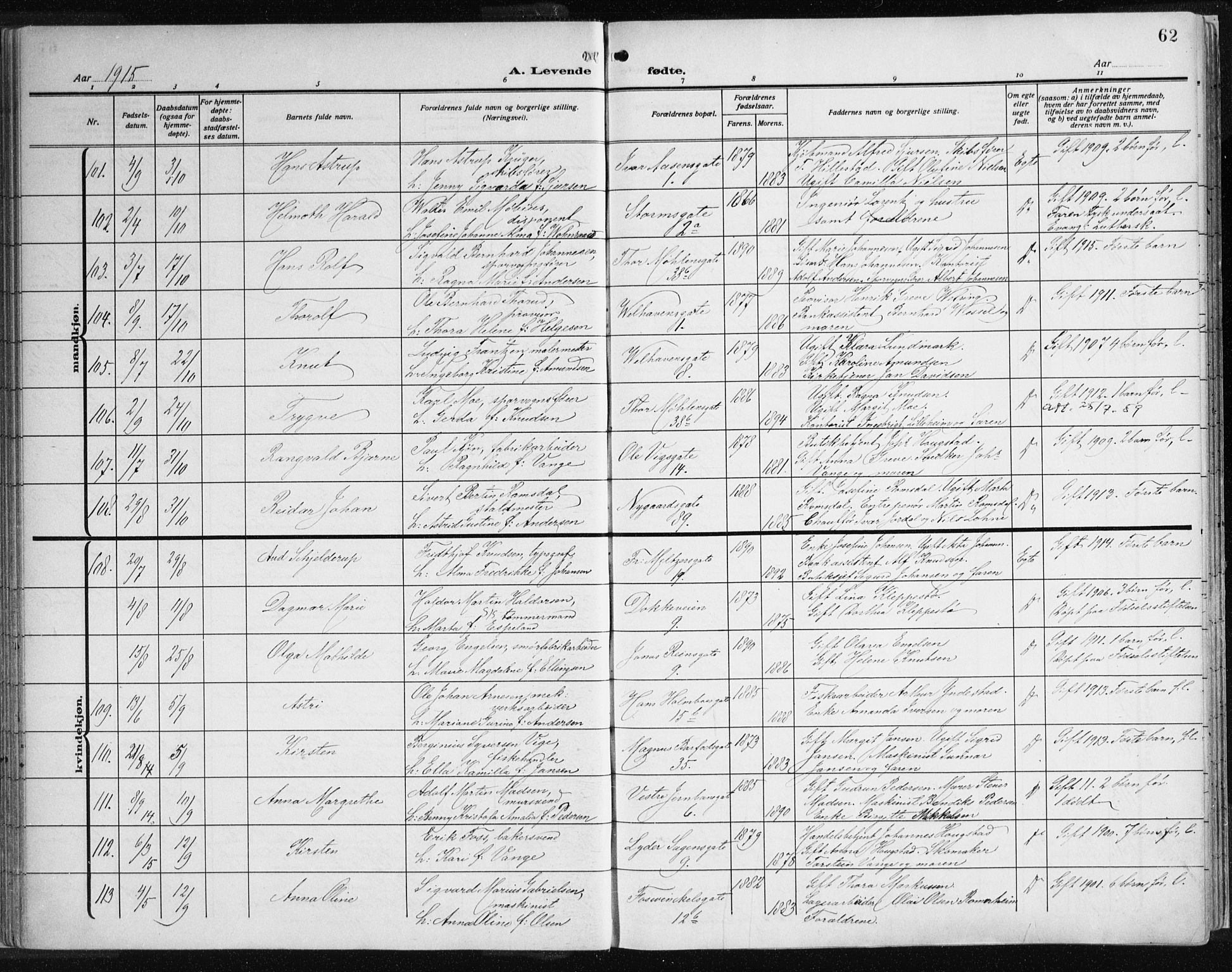 Johanneskirken sokneprestembete, AV/SAB-A-76001/H/Haa: Parish register (official) no. A 3, 1913-1934, p. 62
