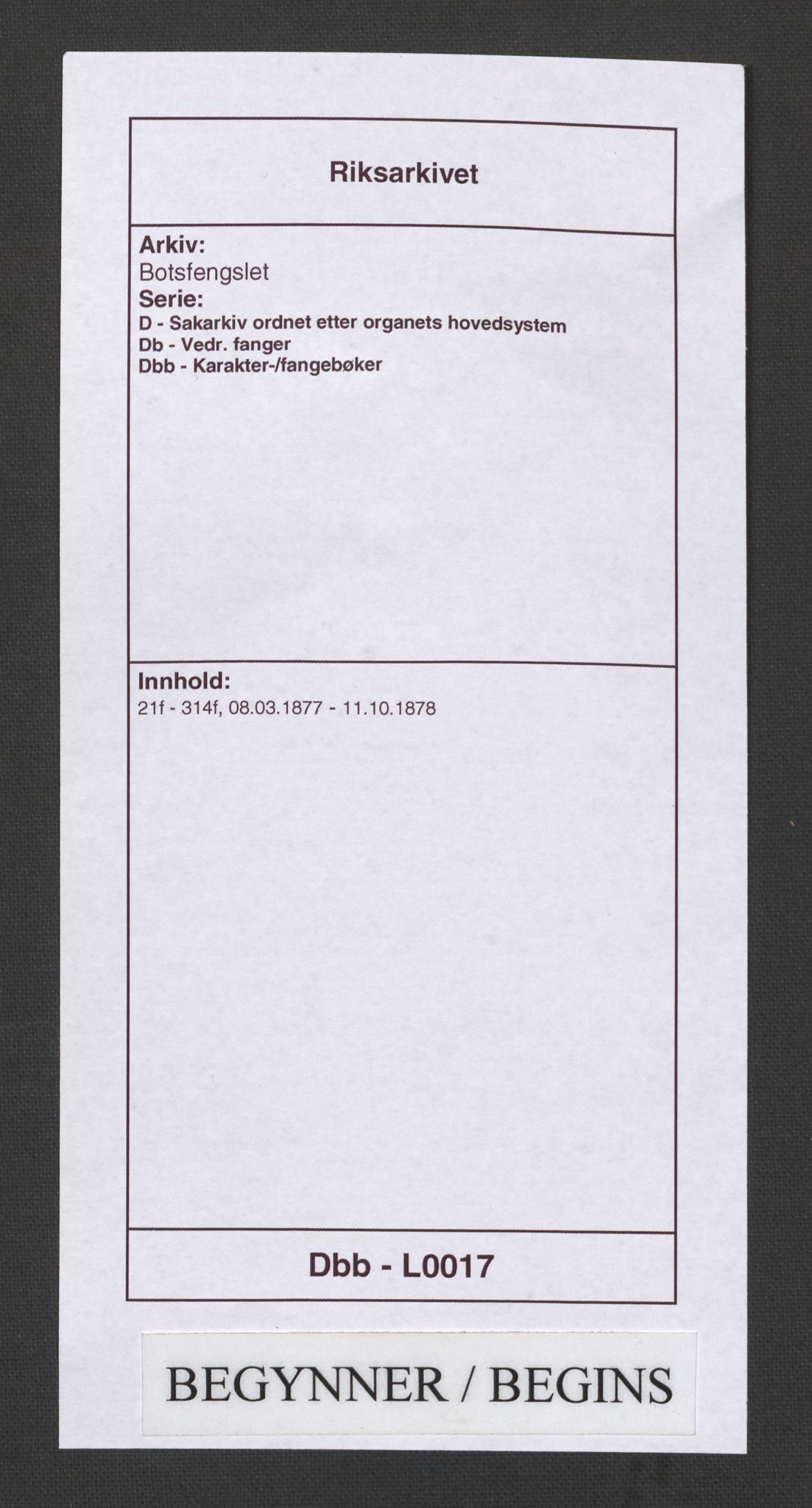Botsfengslet, AV/RA-S-1539/D/Db/Dbb/L0017: 21f - 314f, 1877-1878