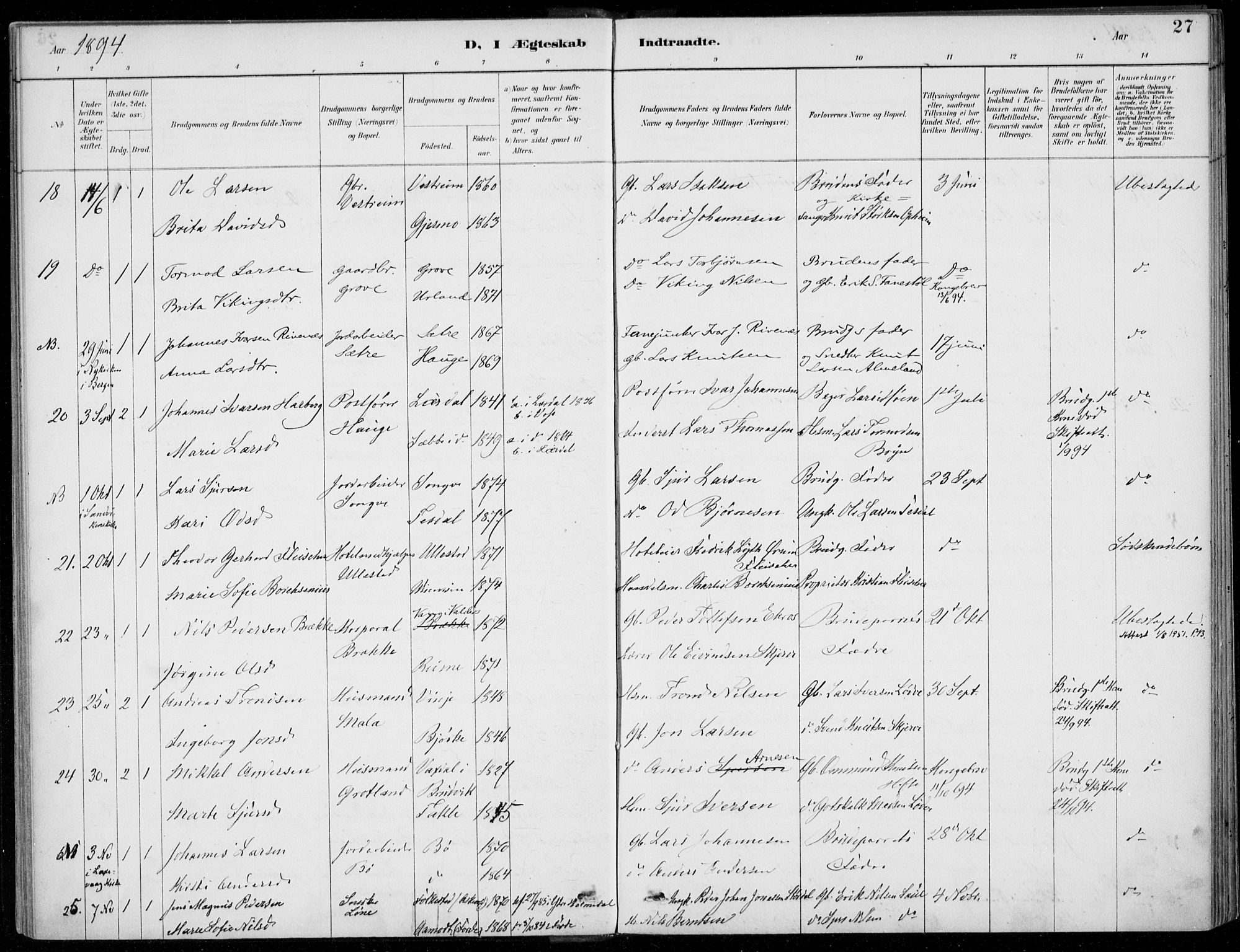 Voss sokneprestembete, SAB/A-79001/H/Haa: Parish register (official) no. C  1, 1887-1915, p. 27