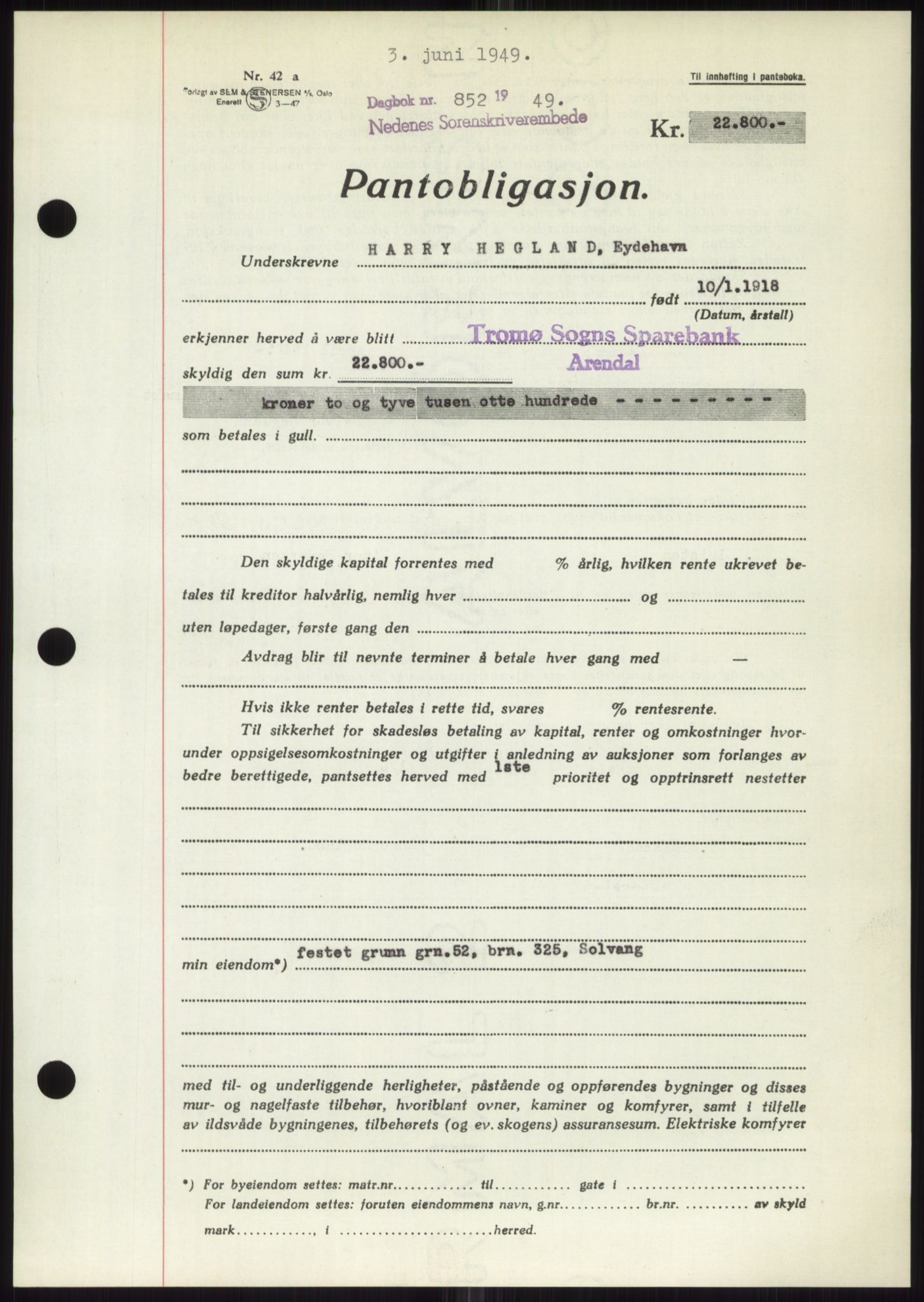 Nedenes sorenskriveri, SAK/1221-0006/G/Gb/Gbb/L0006: Mortgage book no. B6, 1948-1949, Diary no: : 852/1949