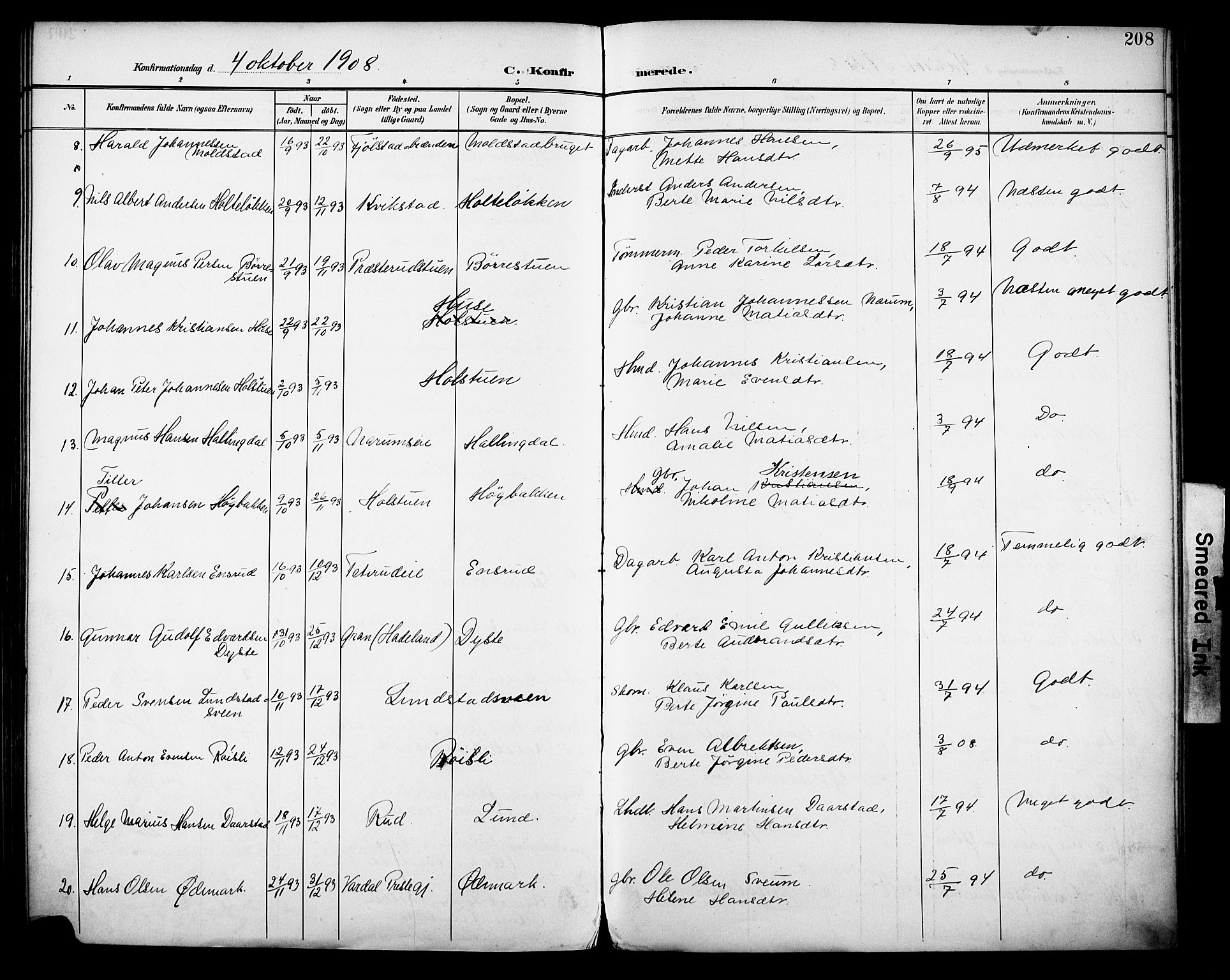 Vestre Toten prestekontor, SAH/PREST-108/H/Ha/Haa/L0013: Parish register (official) no. 13, 1895-1911, p. 208