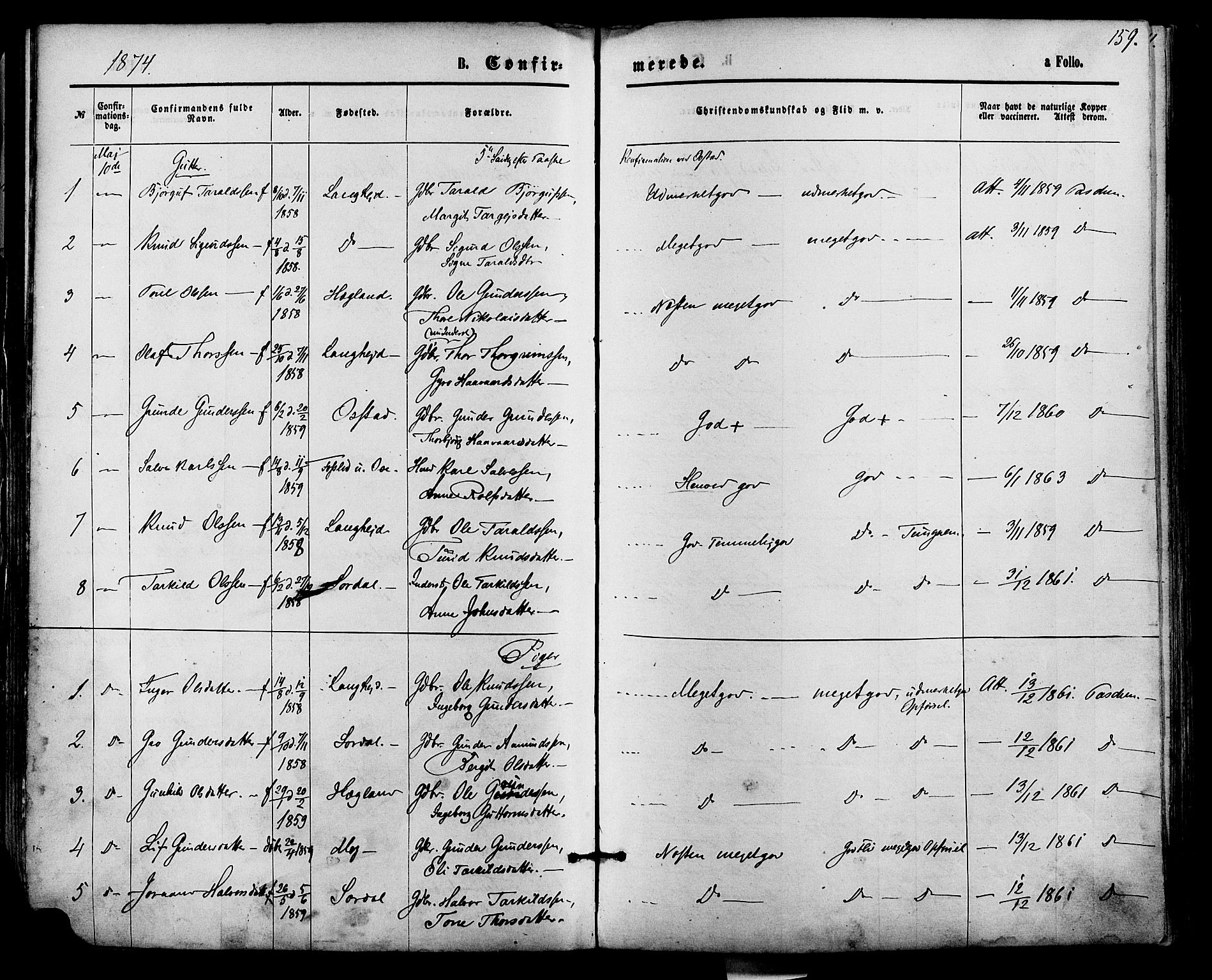 Bygland sokneprestkontor, AV/SAK-1111-0006/F/Fa/Fab/L0006: Parish register (official) no. A 6, 1873-1884, p. 159