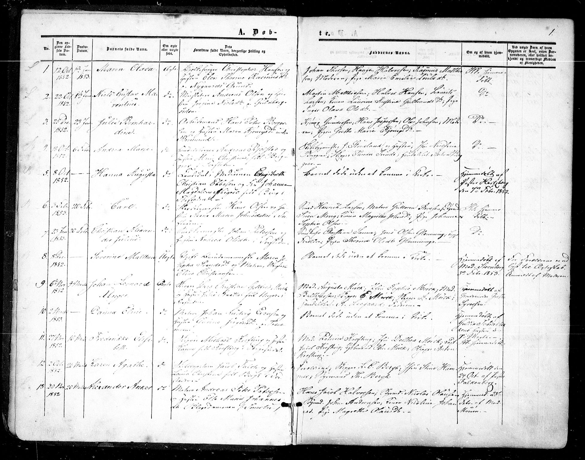 Glemmen prestekontor Kirkebøker, SAO/A-10908/F/Fa/L0007: Parish register (official) no. 7, 1853-1862, p. 1