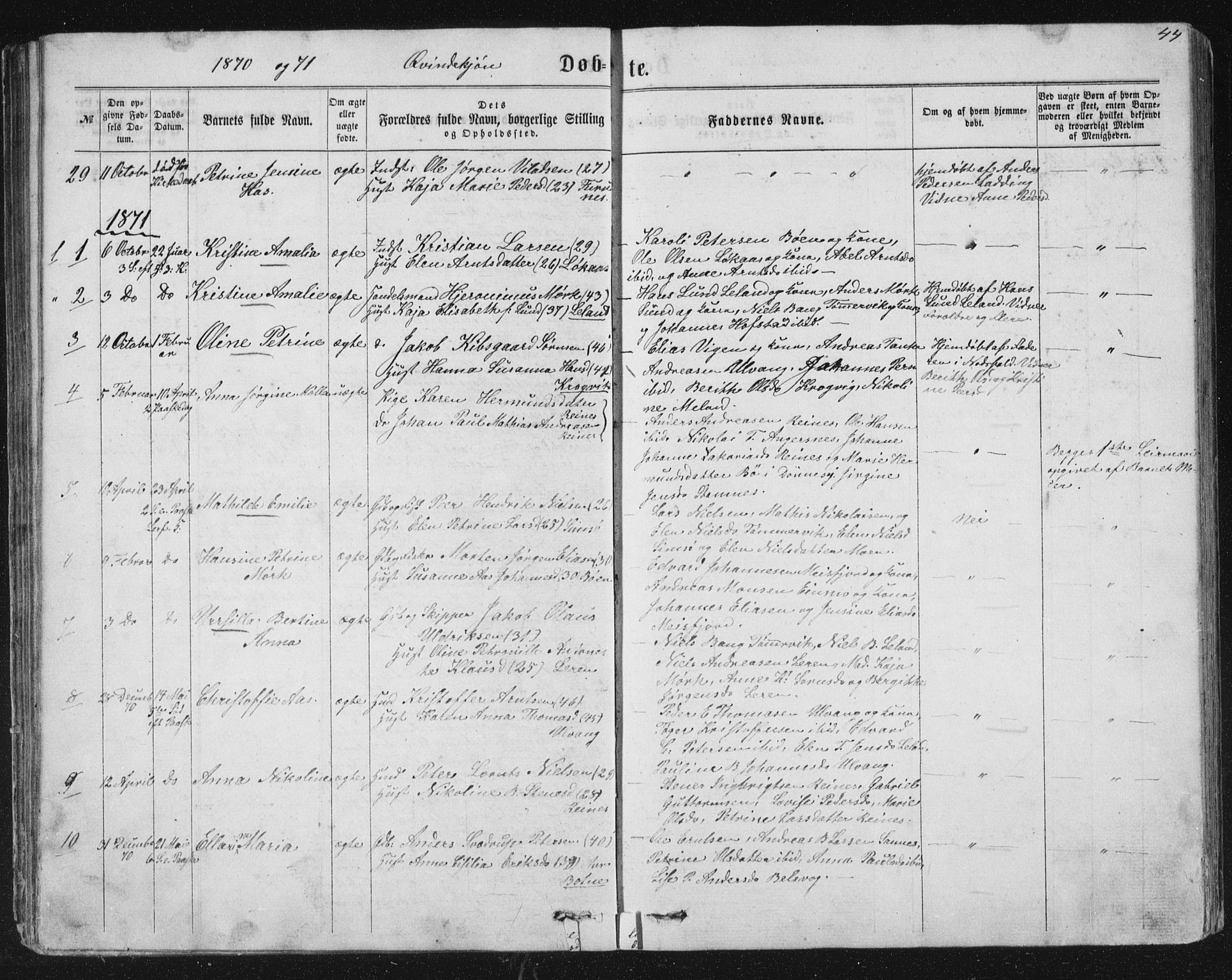 Ministerialprotokoller, klokkerbøker og fødselsregistre - Nordland, AV/SAT-A-1459/831/L0476: Parish register (copy) no. 831C03, 1866-1877, p. 44