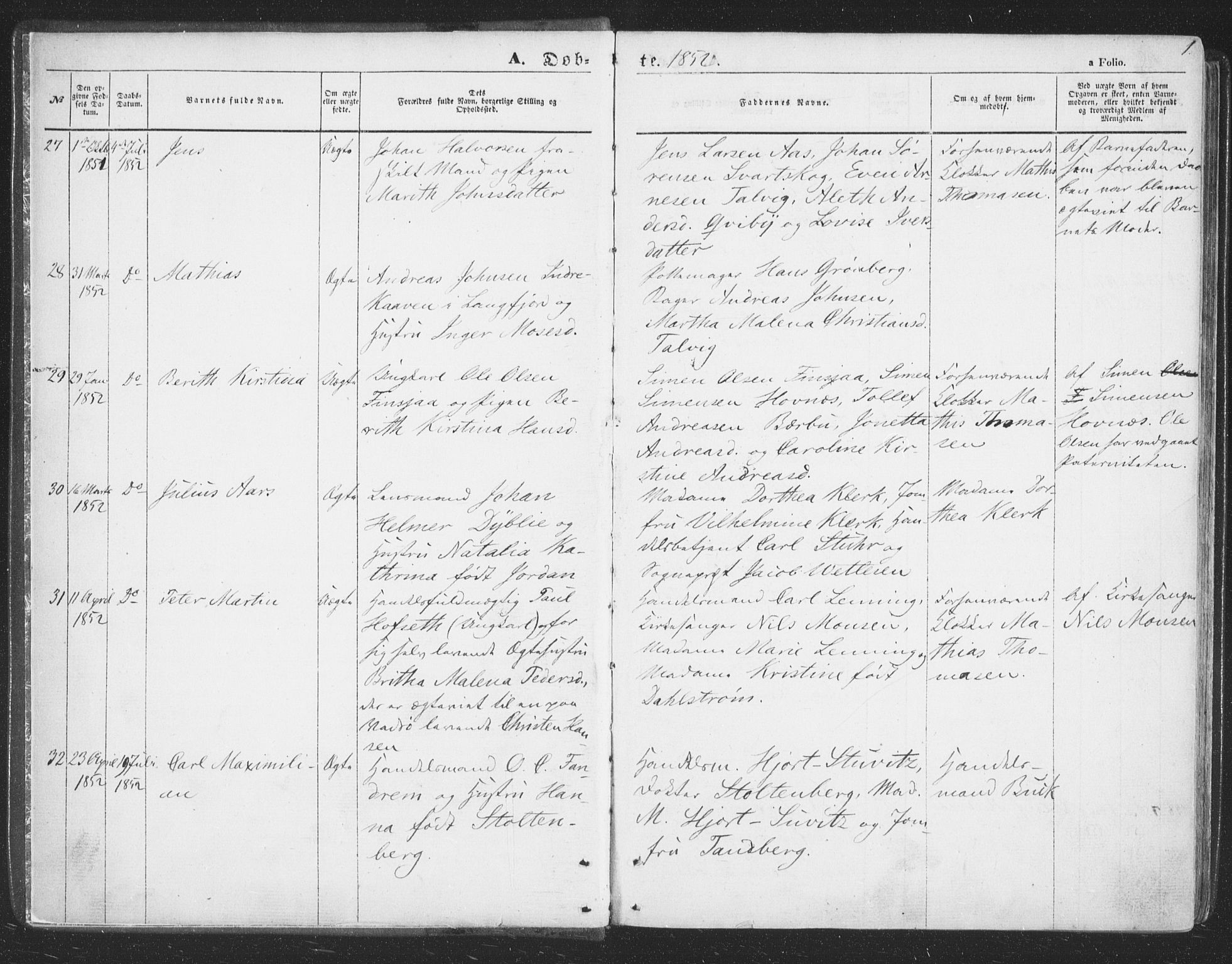 Talvik sokneprestkontor, SATØ/S-1337/H/Ha/L0010kirke: Parish register (official) no. 10, 1852-1864, p. 1