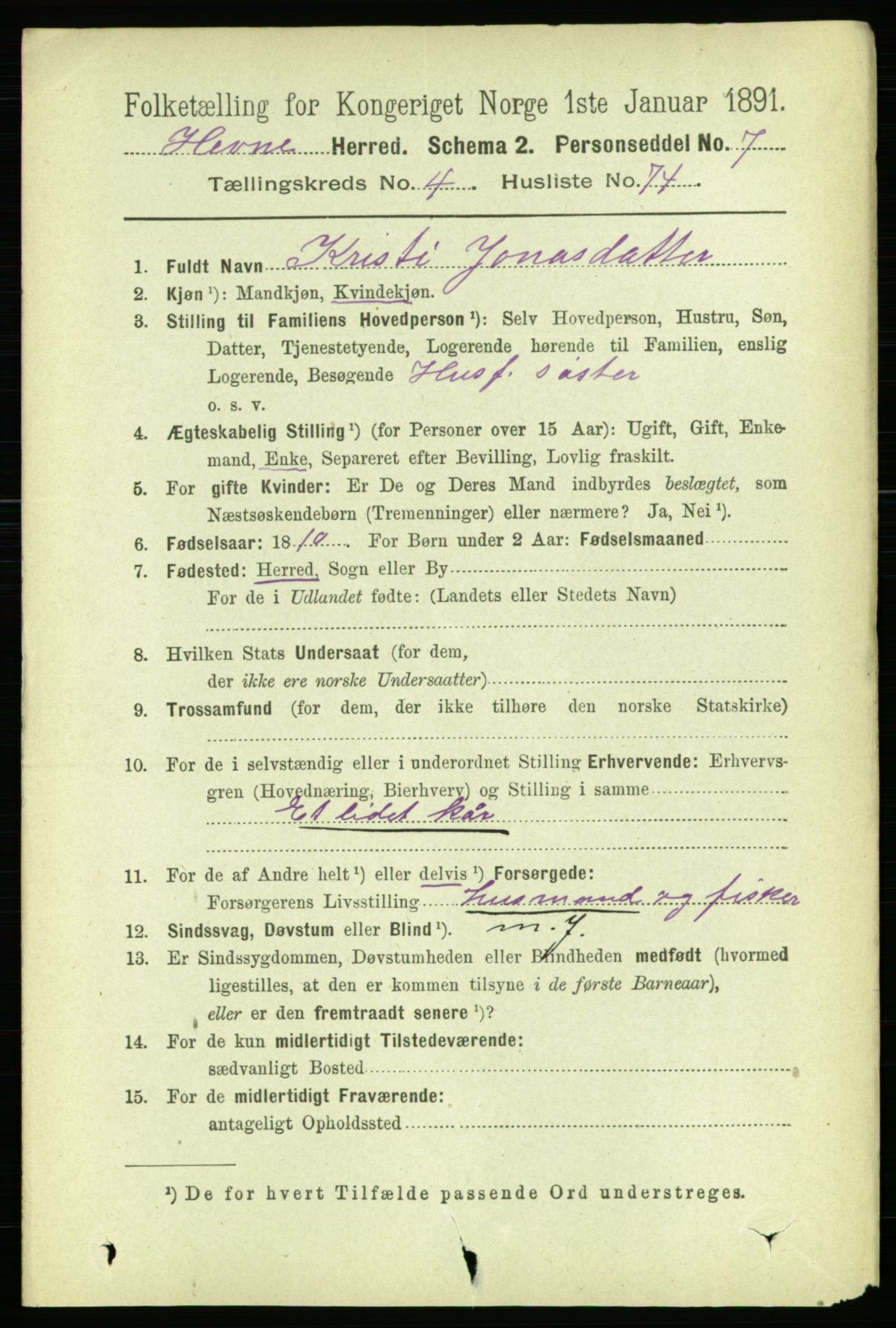 RA, 1891 census for 1612 Hemne, 1891, p. 2339