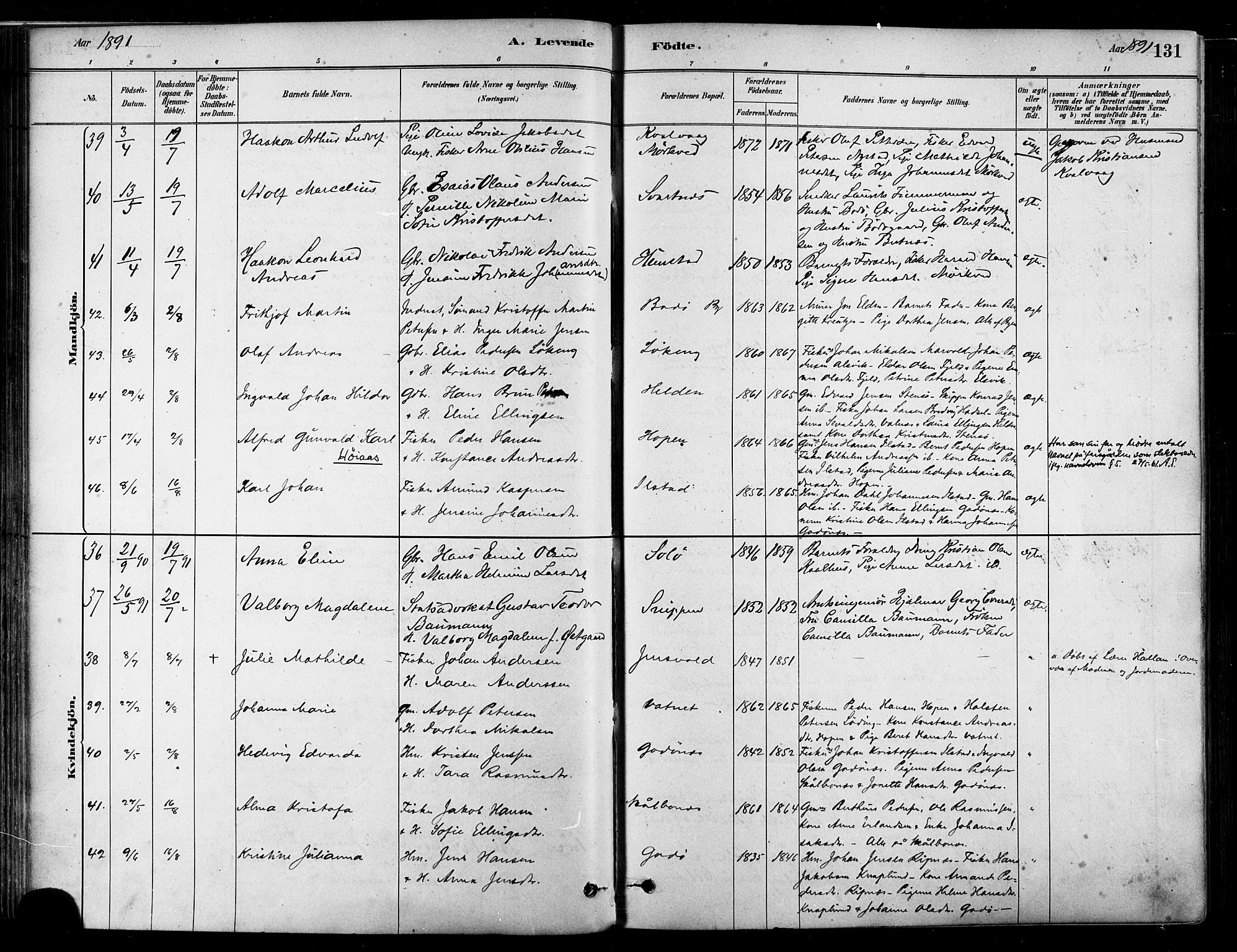 Ministerialprotokoller, klokkerbøker og fødselsregistre - Nordland, SAT/A-1459/802/L0054: Parish register (official) no. 802A01, 1879-1893, p. 131