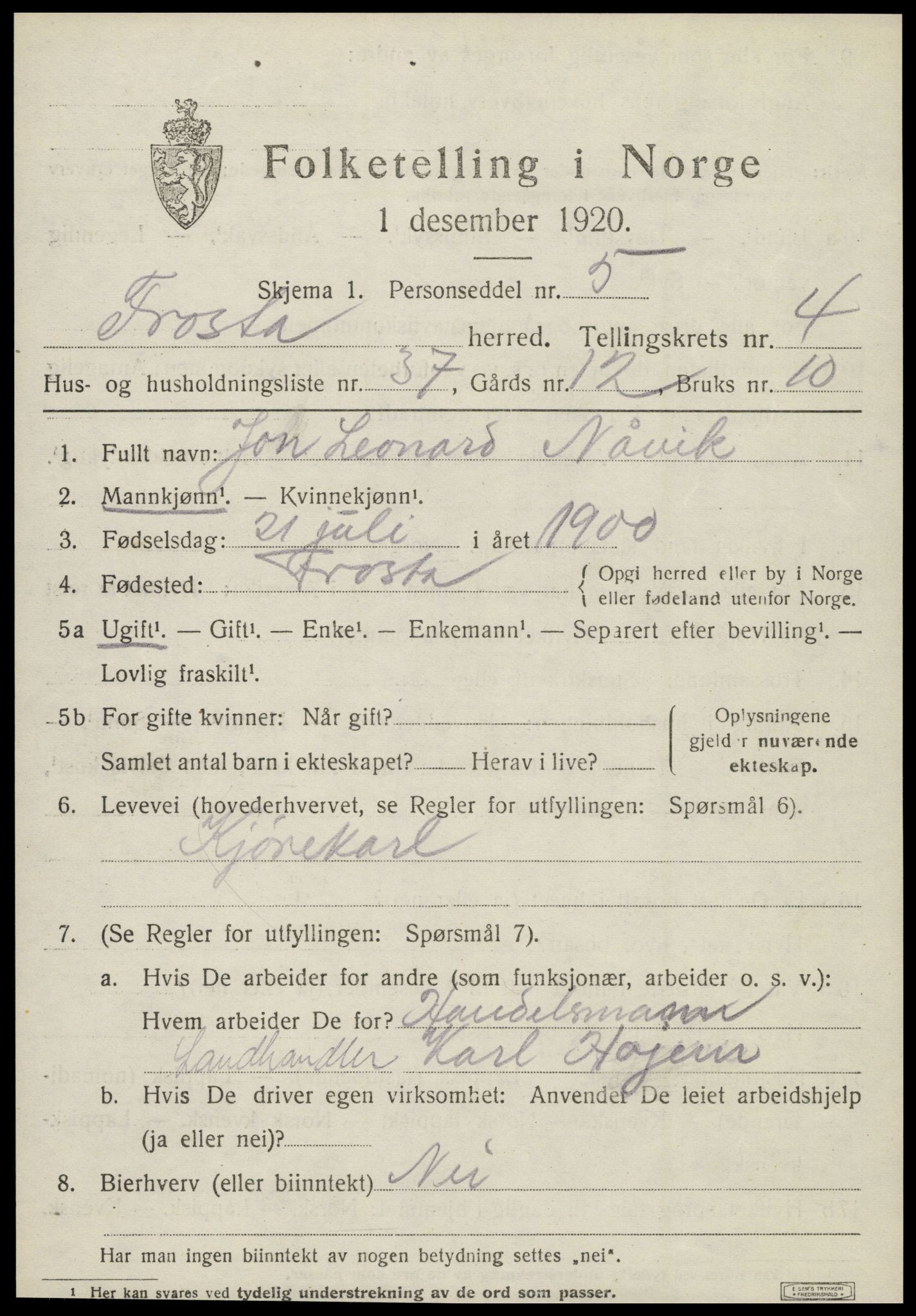 SAT, 1920 census for Frosta, 1920, p. 5160