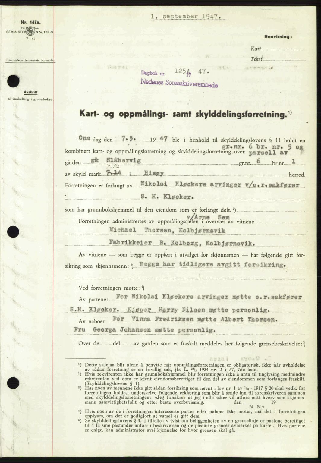 Nedenes sorenskriveri, SAK/1221-0006/G/Gb/Gba/L0058: Mortgage book no. A10, 1947-1948, Diary no: : 1254/1947