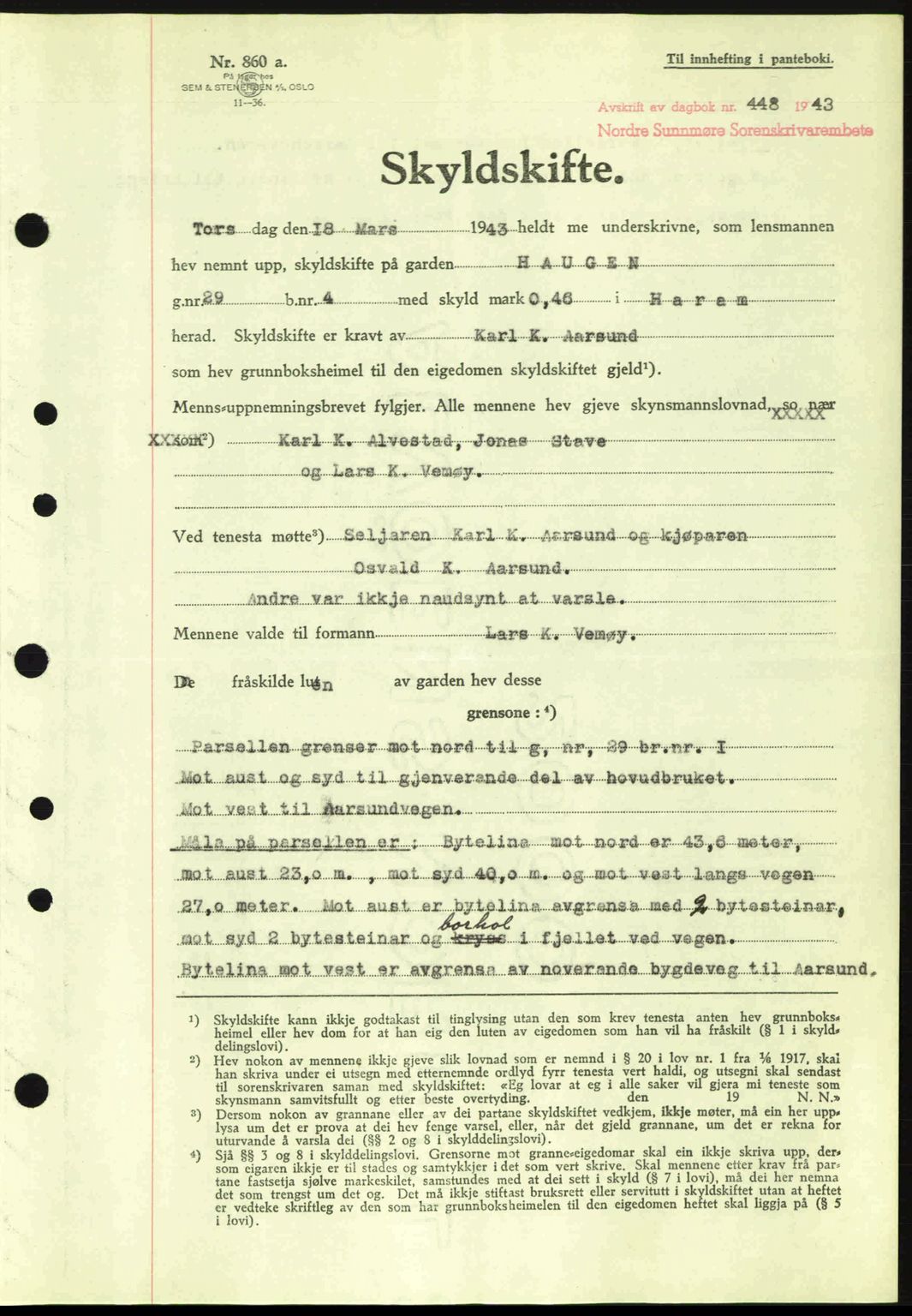 Nordre Sunnmøre sorenskriveri, AV/SAT-A-0006/1/2/2C/2Ca: Mortgage book no. A15, 1942-1943, Diary no: : 448/1943