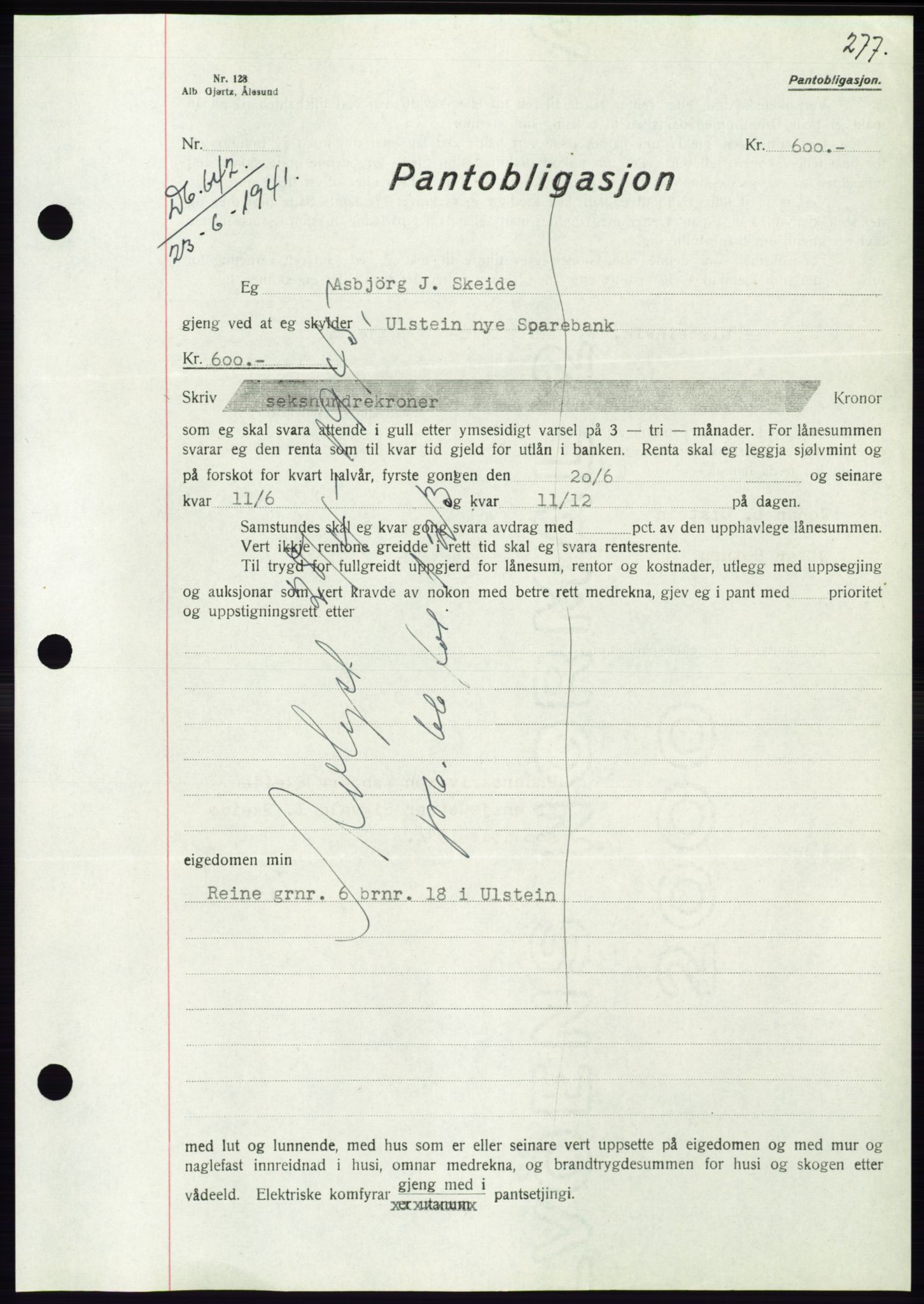 Søre Sunnmøre sorenskriveri, AV/SAT-A-4122/1/2/2C/L0071: Mortgage book no. 65, 1941-1941, Diary no: : 642/1941