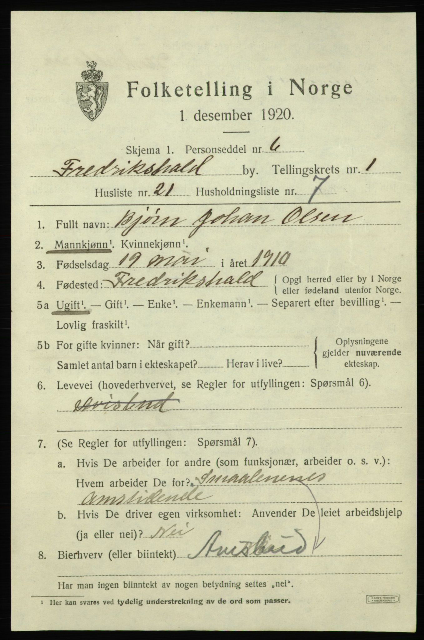 SAO, 1920 census for Fredrikshald, 1920, p. 8438