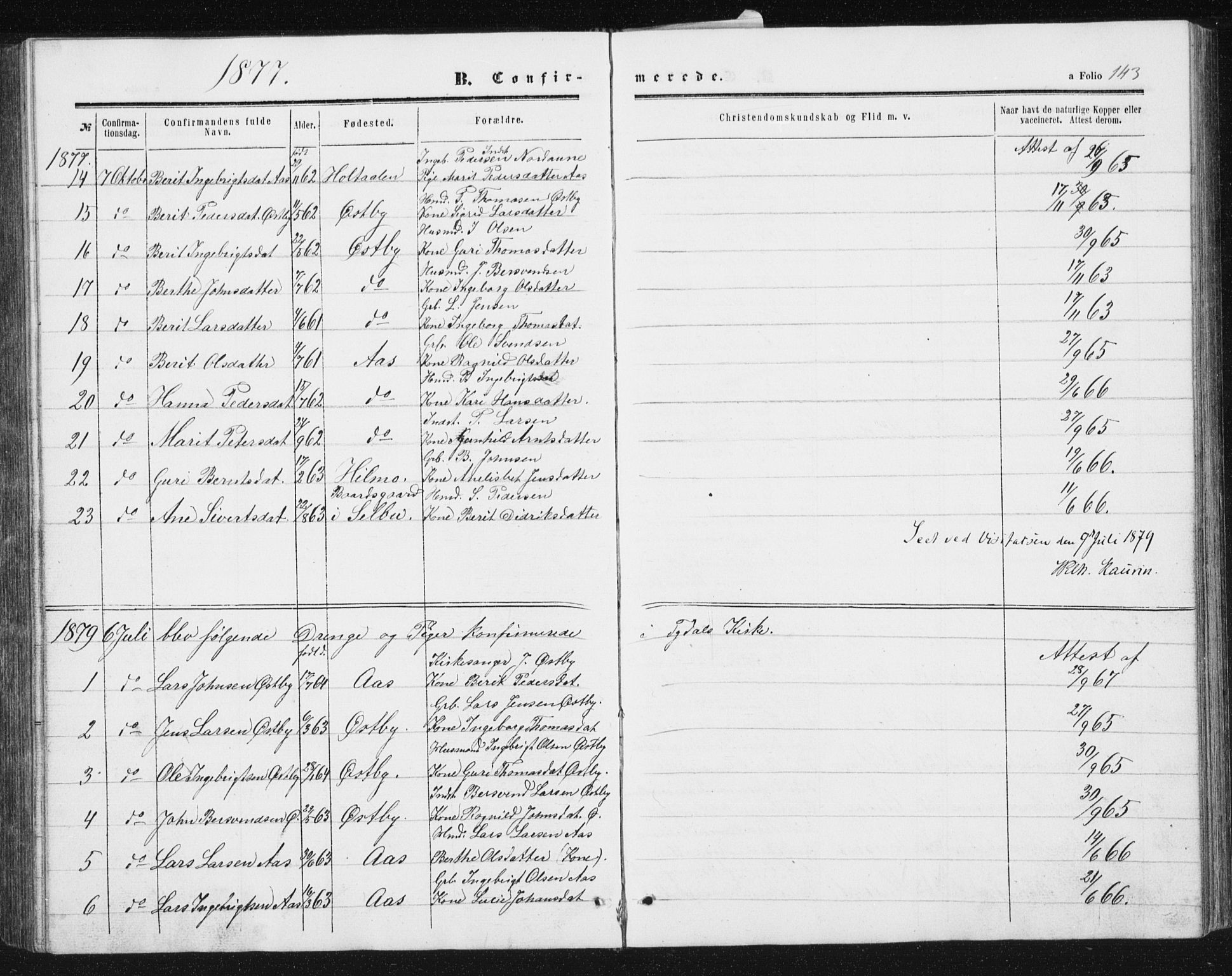 Ministerialprotokoller, klokkerbøker og fødselsregistre - Sør-Trøndelag, SAT/A-1456/698/L1166: Parish register (copy) no. 698C03, 1861-1887, p. 143