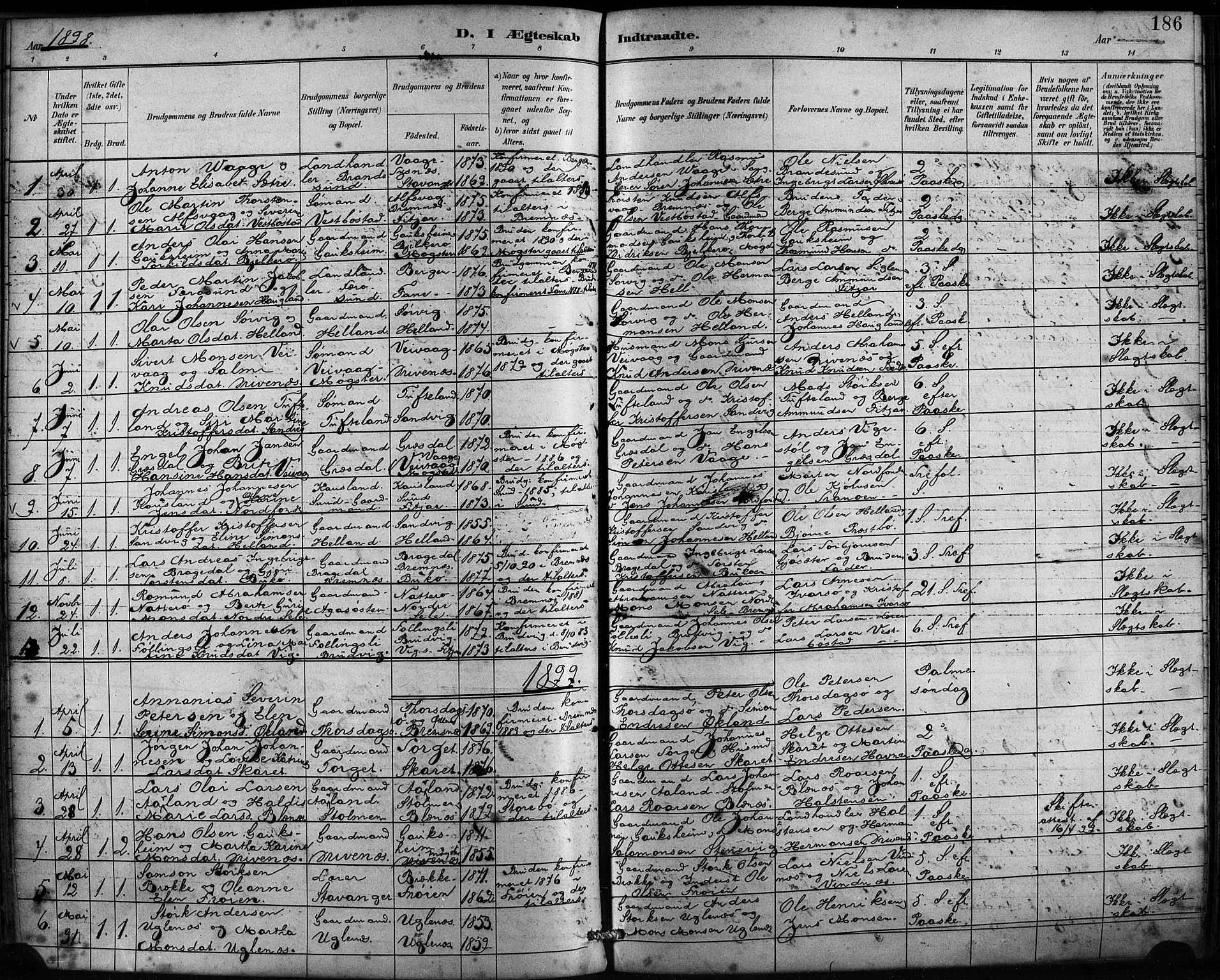 Fitjar sokneprestembete, SAB/A-99926: Parish register (official) no. A 2, 1882-1899, p. 186