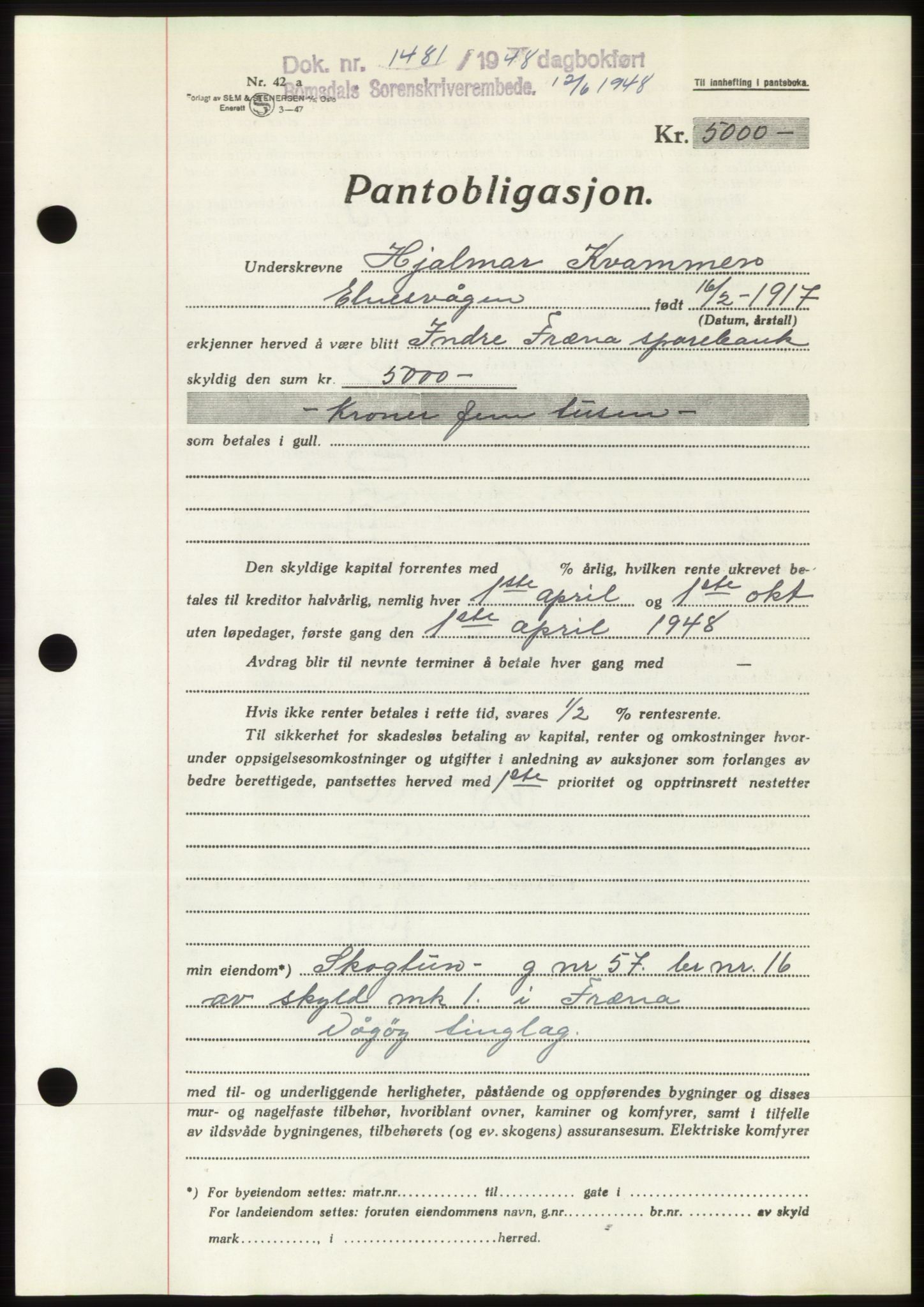 Romsdal sorenskriveri, AV/SAT-A-4149/1/2/2C: Mortgage book no. B4, 1948-1949, Diary no: : 1481/1948