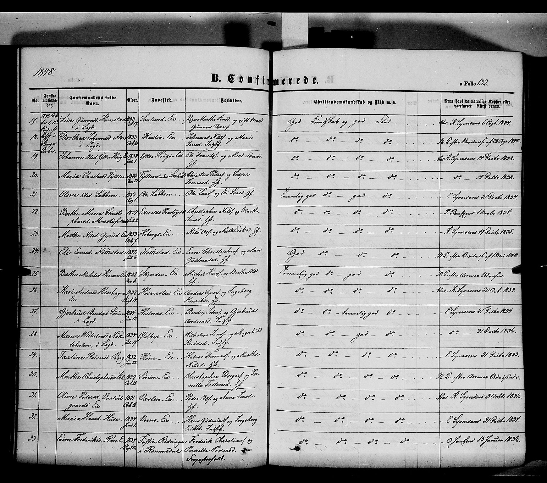 Stange prestekontor, AV/SAH-PREST-002/K/L0011: Parish register (official) no. 11, 1846-1852, p. 132