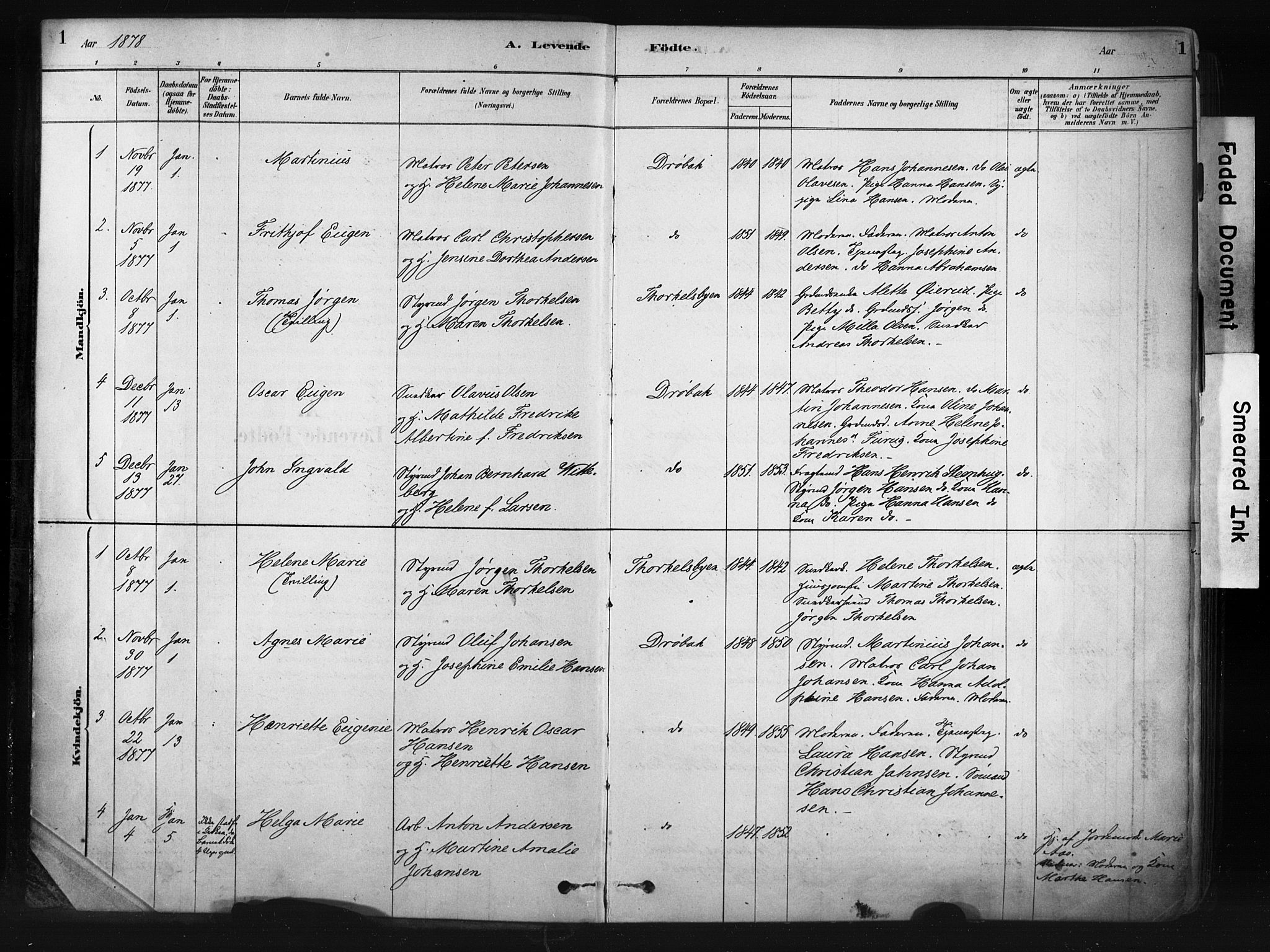 Drøbak prestekontor Kirkebøker, AV/SAO-A-10142a/F/Fb/L0001: Parish register (official) no. II 1, 1878-1891, p. 1