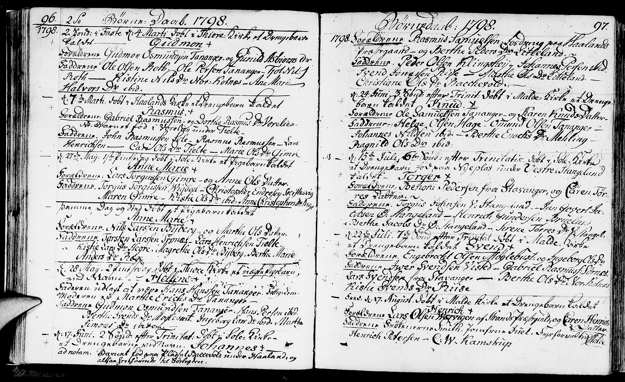 Håland sokneprestkontor, AV/SAST-A-101802/001/30BA/L0003: Parish register (official) no. A 3, 1794-1815, p. 96-97