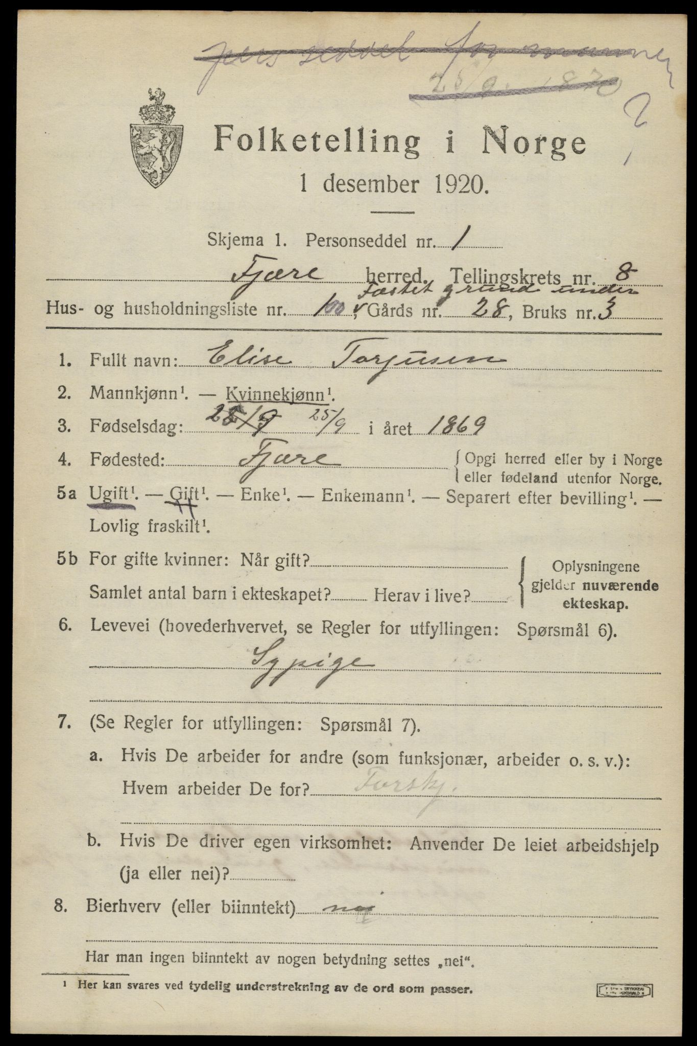 SAK, 1920 census for Fjære, 1920, p. 11197