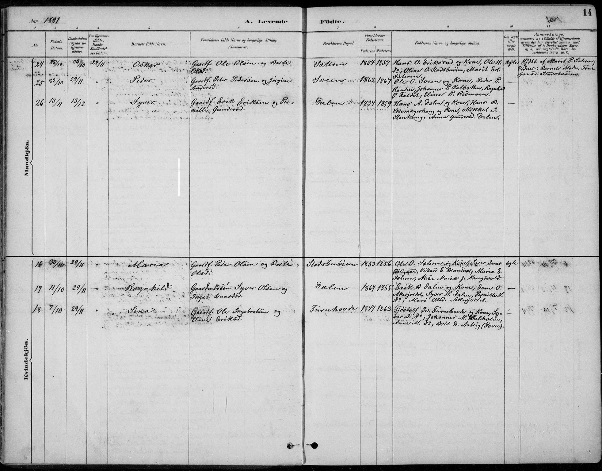 Alvdal prestekontor, AV/SAH-PREST-060/H/Ha/Haa/L0003: Parish register (official) no. 3, 1886-1912, p. 14