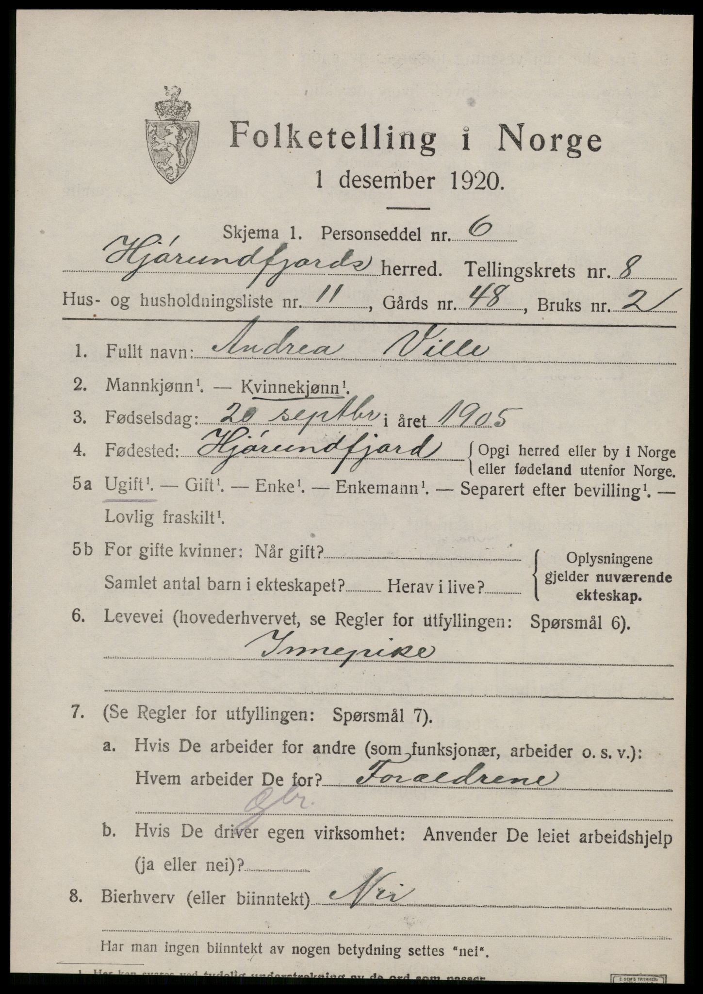 SAT, 1920 census for Hjørundfjord, 1920, p. 3011