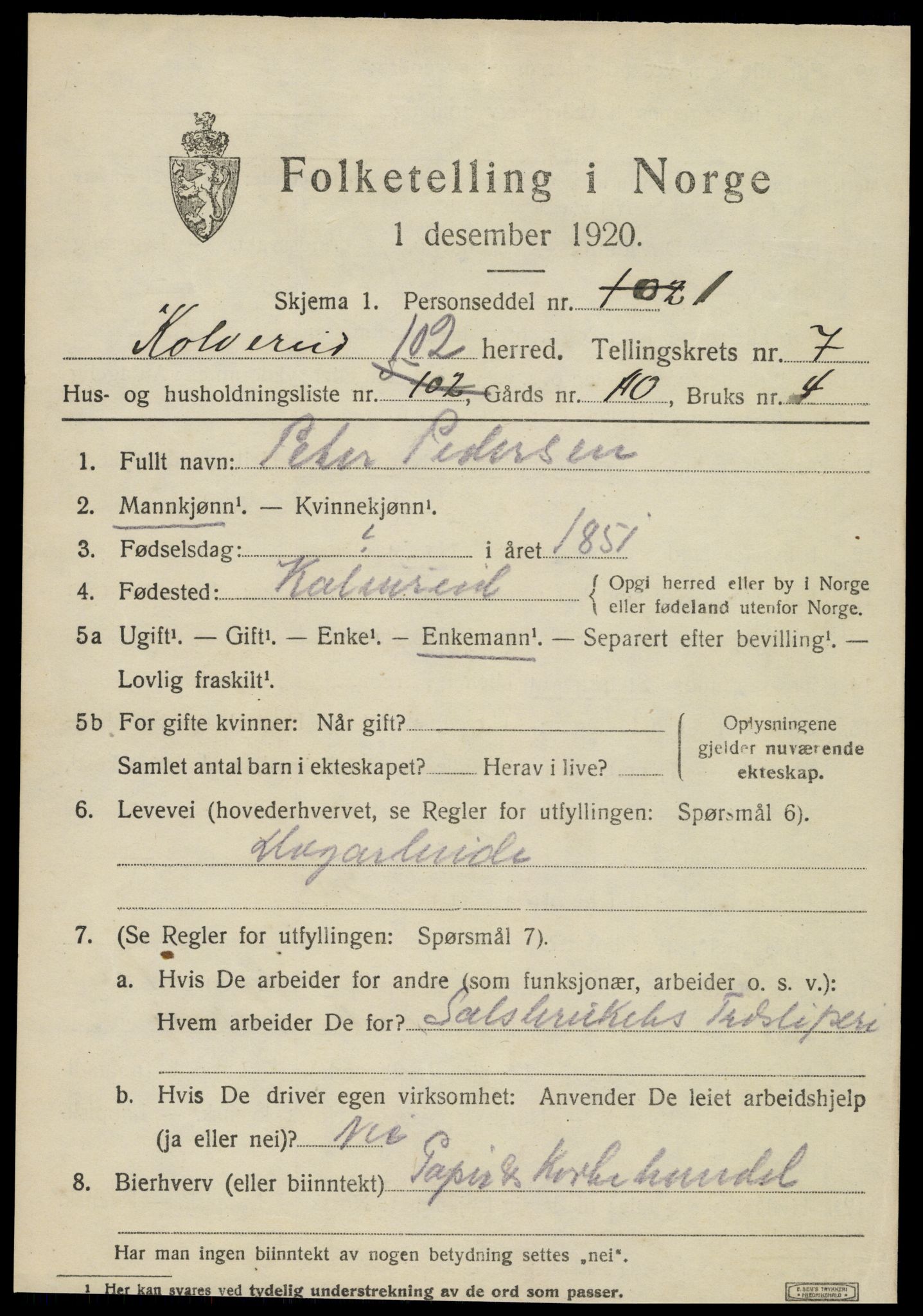 SAT, 1920 census for Kolvereid, 1920, p. 5089