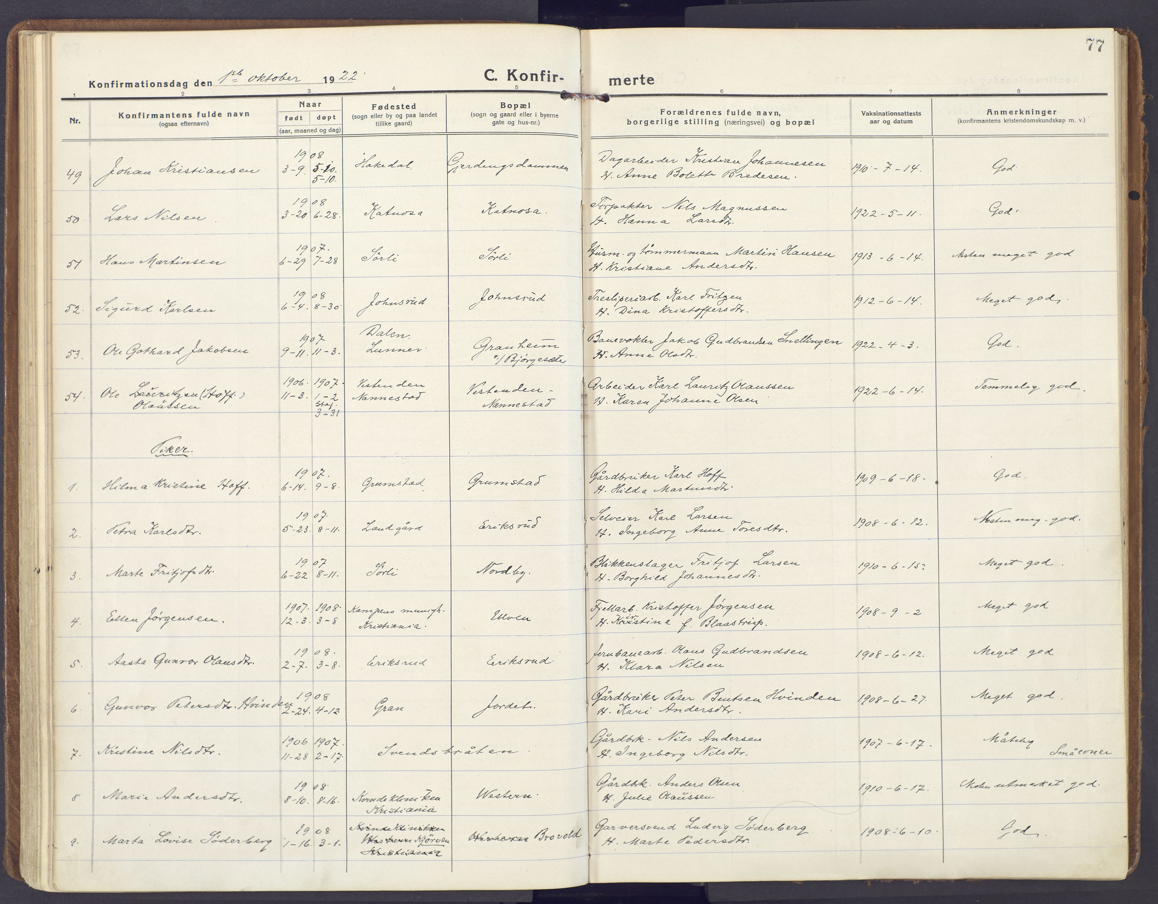 Lunner prestekontor, AV/SAH-PREST-118/H/Ha/Haa/L0002: Parish register (official) no. 2, 1922-1931, p. 77