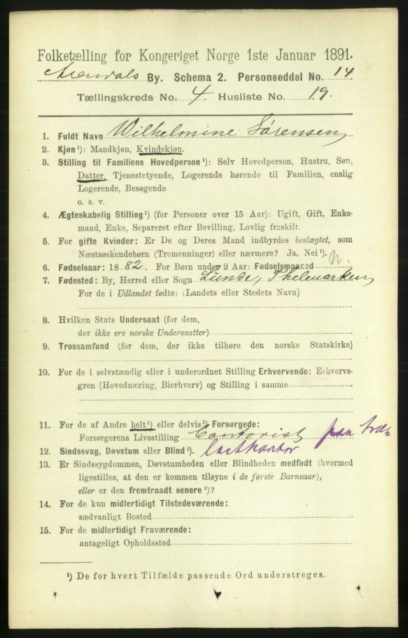 RA, 1891 census for 0903 Arendal, 1891, p. 1784