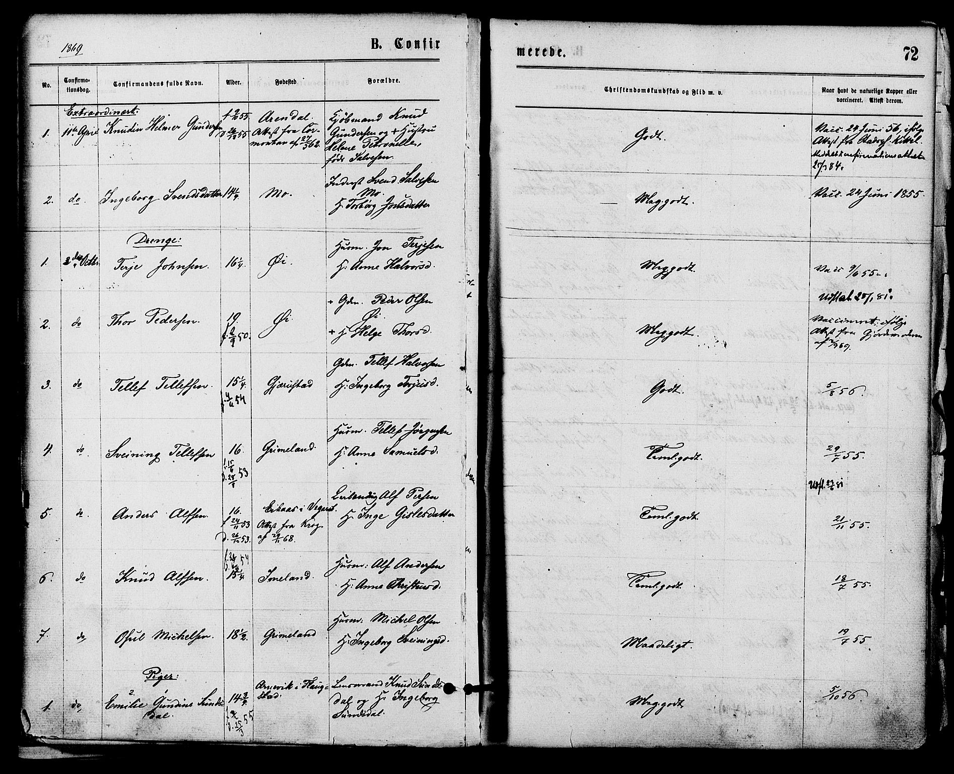 Åmli sokneprestkontor, SAK/1111-0050/F/Fa/Fac/L0009: Parish register (official) no. A 9 /1, 1869-1884, p. 72
