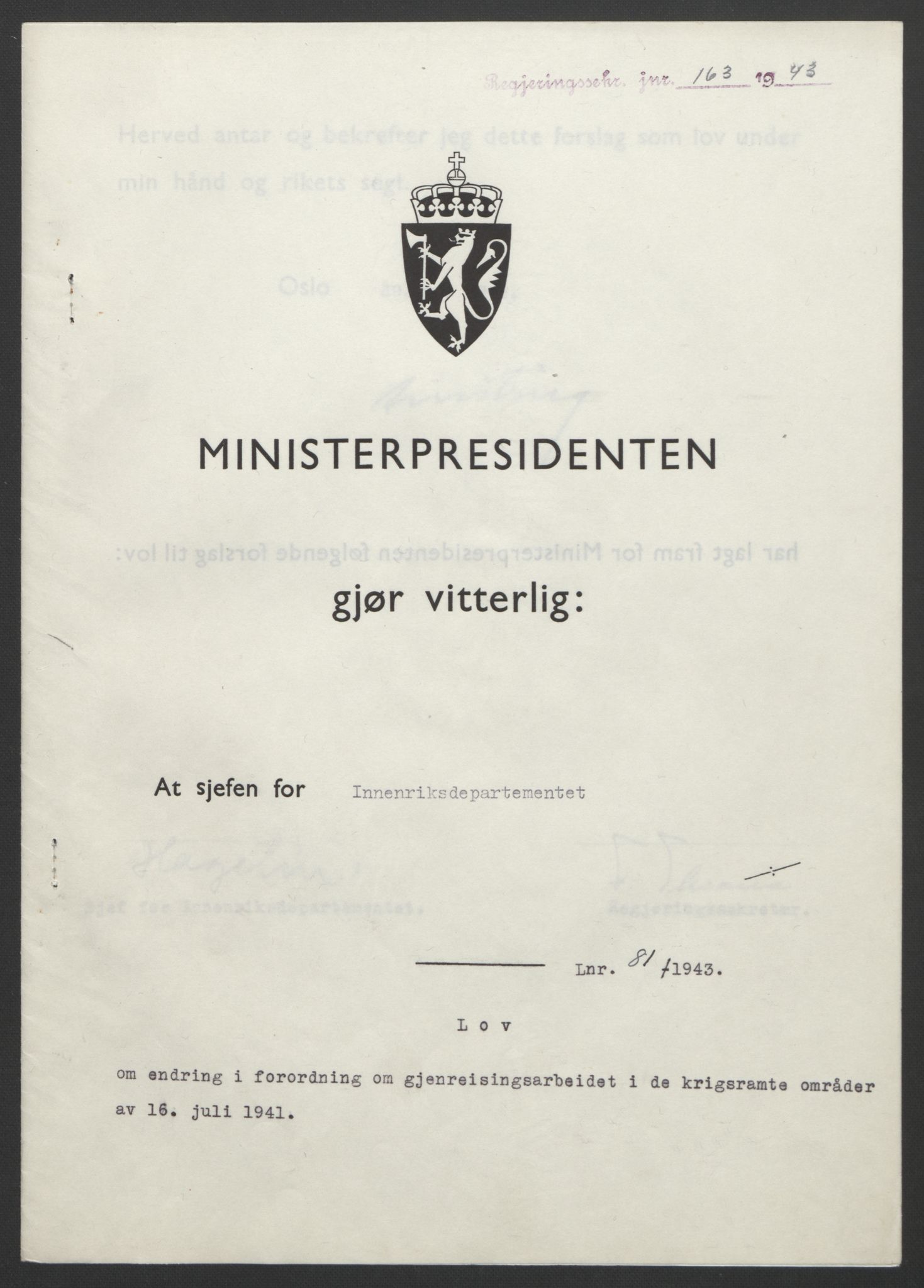 NS-administrasjonen 1940-1945 (Statsrådsekretariatet, de kommisariske statsråder mm), RA/S-4279/D/Db/L0099: Lover, 1943, p. 370
