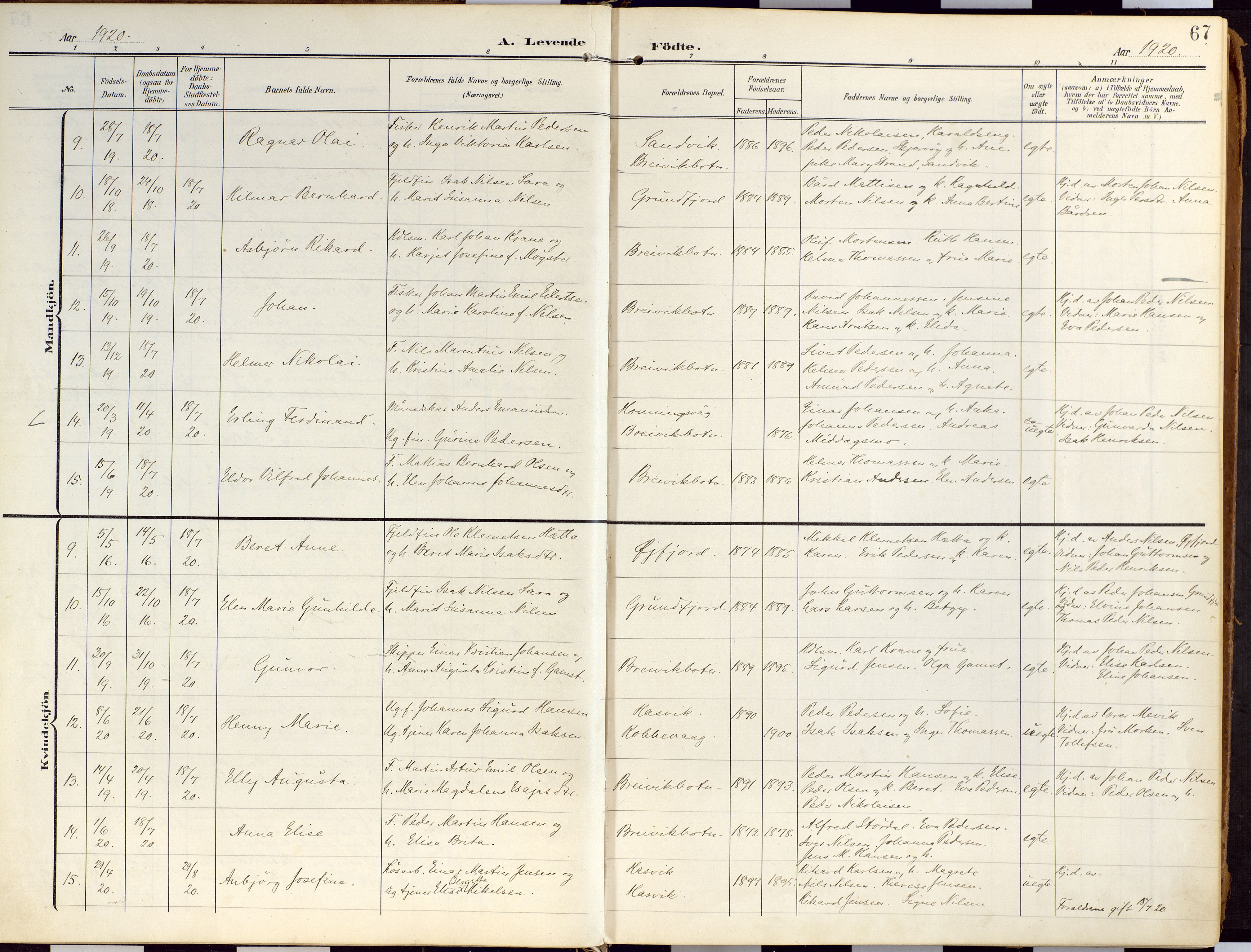 Loppa sokneprestkontor, SATØ/S-1339/H/Ha/L0010kirke: Parish register (official) no. 10, 1907-1922, p. 67