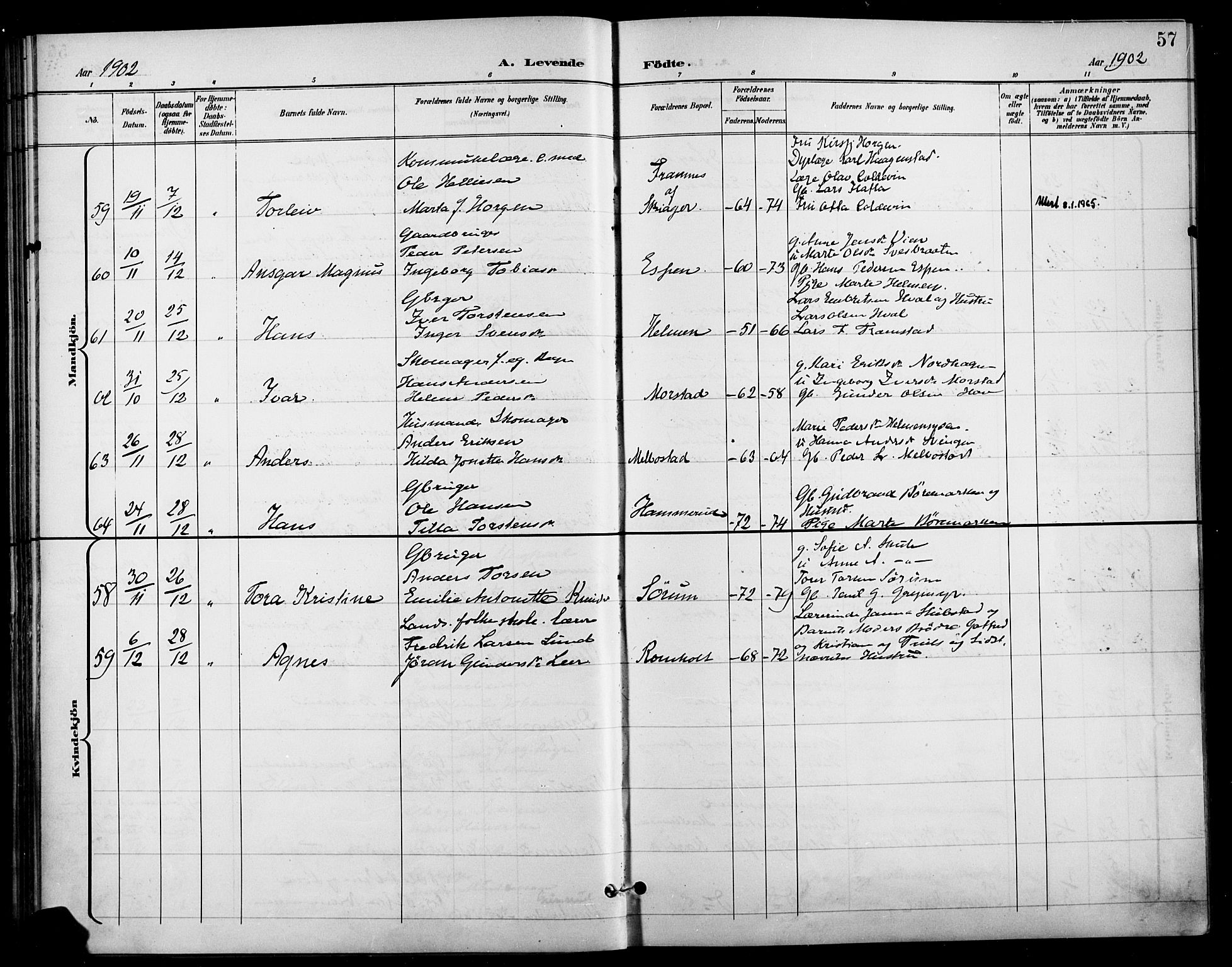 Gran prestekontor, SAH/PREST-112/H/Ha/Haa/L0019: Parish register (official) no. 19, 1898-1907, p. 57