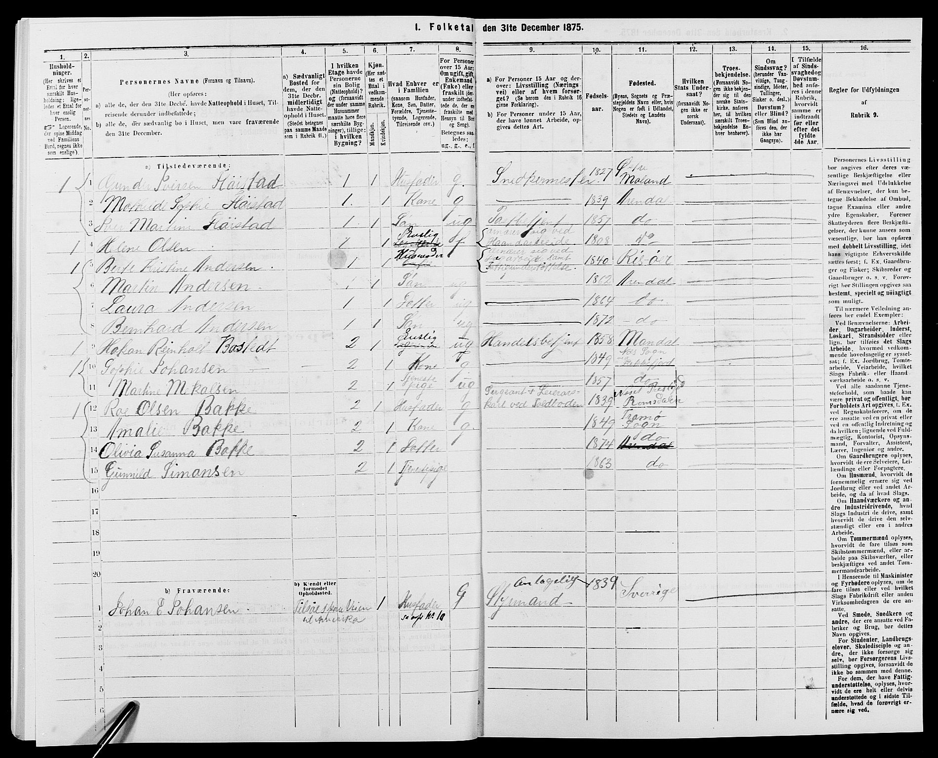 SAK, 1875 census for 0903P Arendal, 1875, p. 720